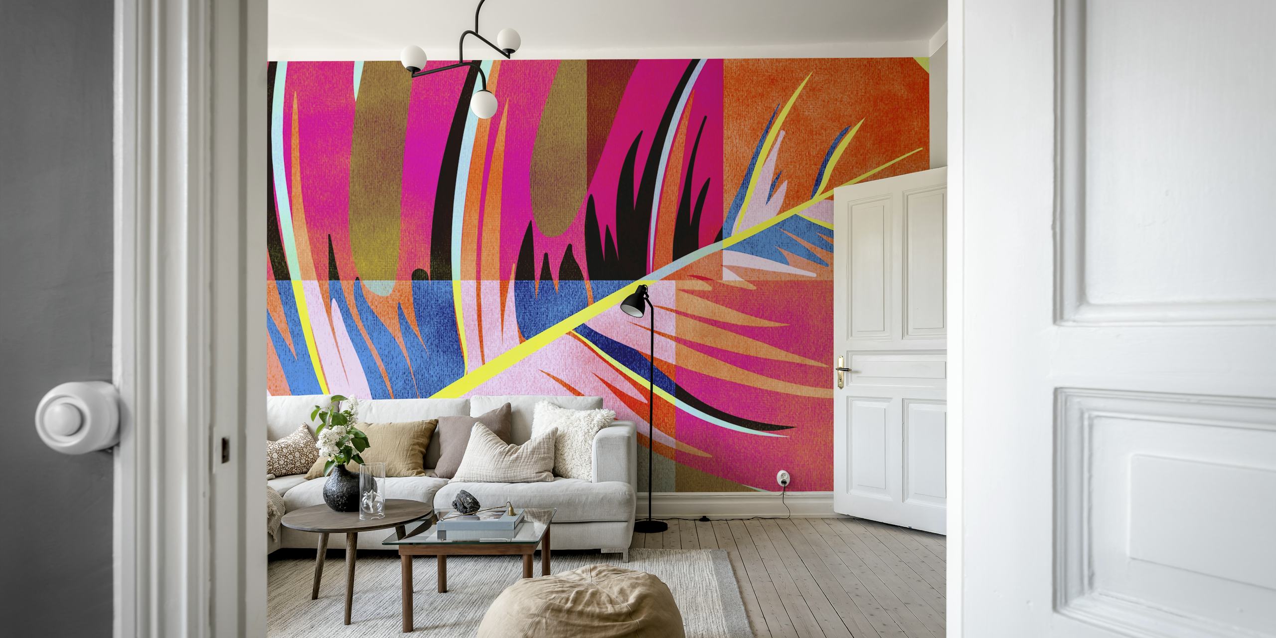 Fargerik pop-art stil monstera leaf veggmaleri med geometriske aksenter