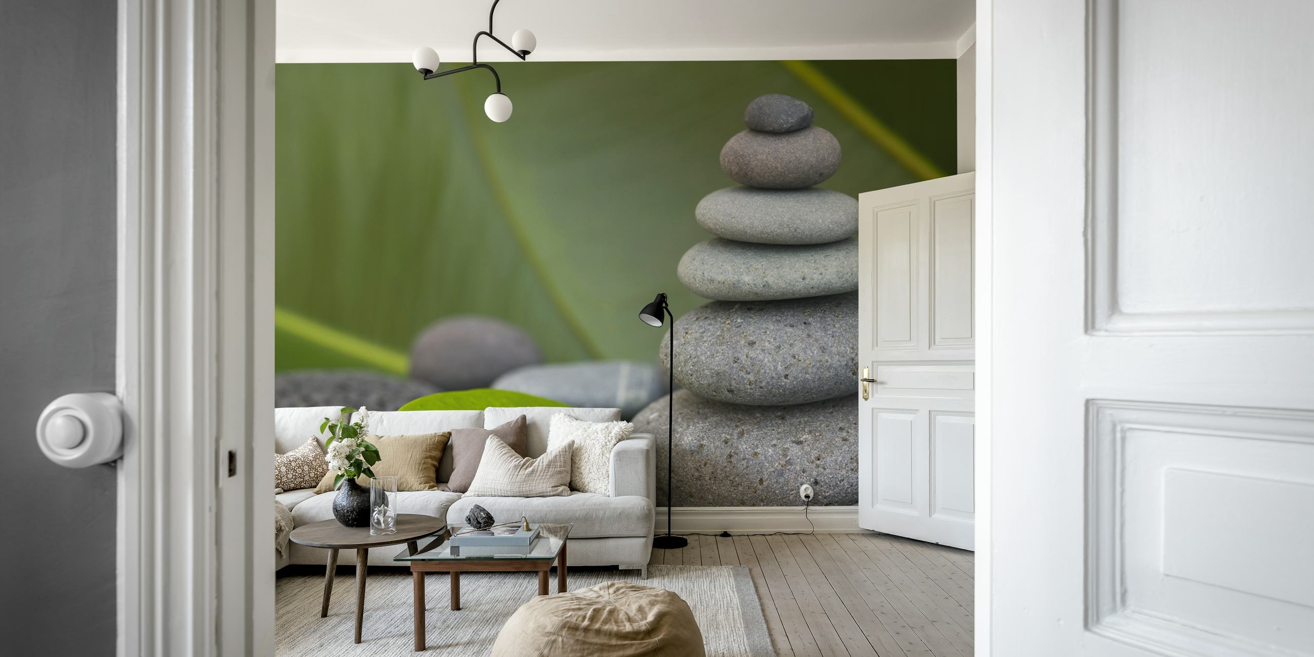 Design de papel de parede Stone Tower Balance em um quarto