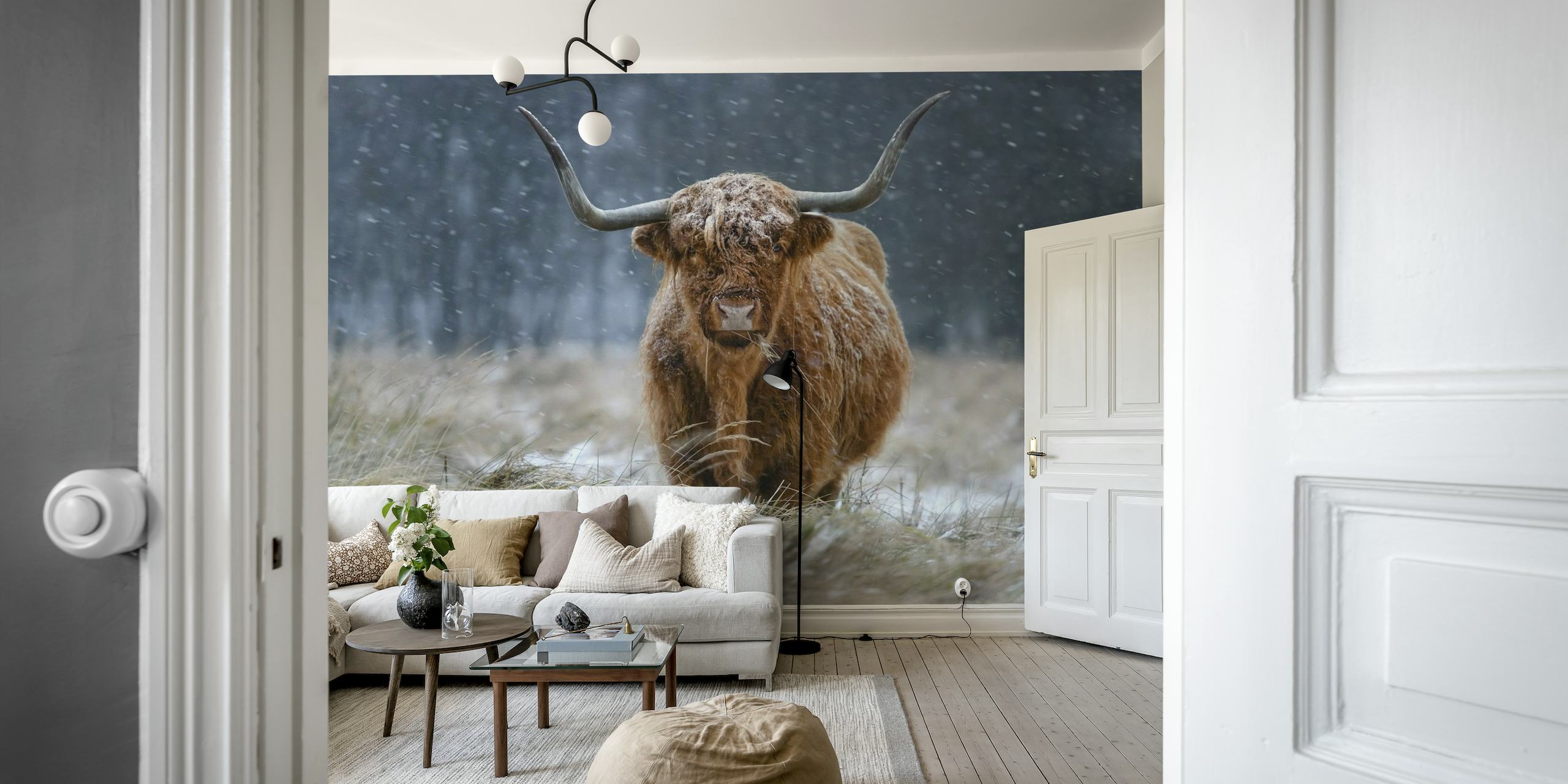Snowy Highland cow wallpaper