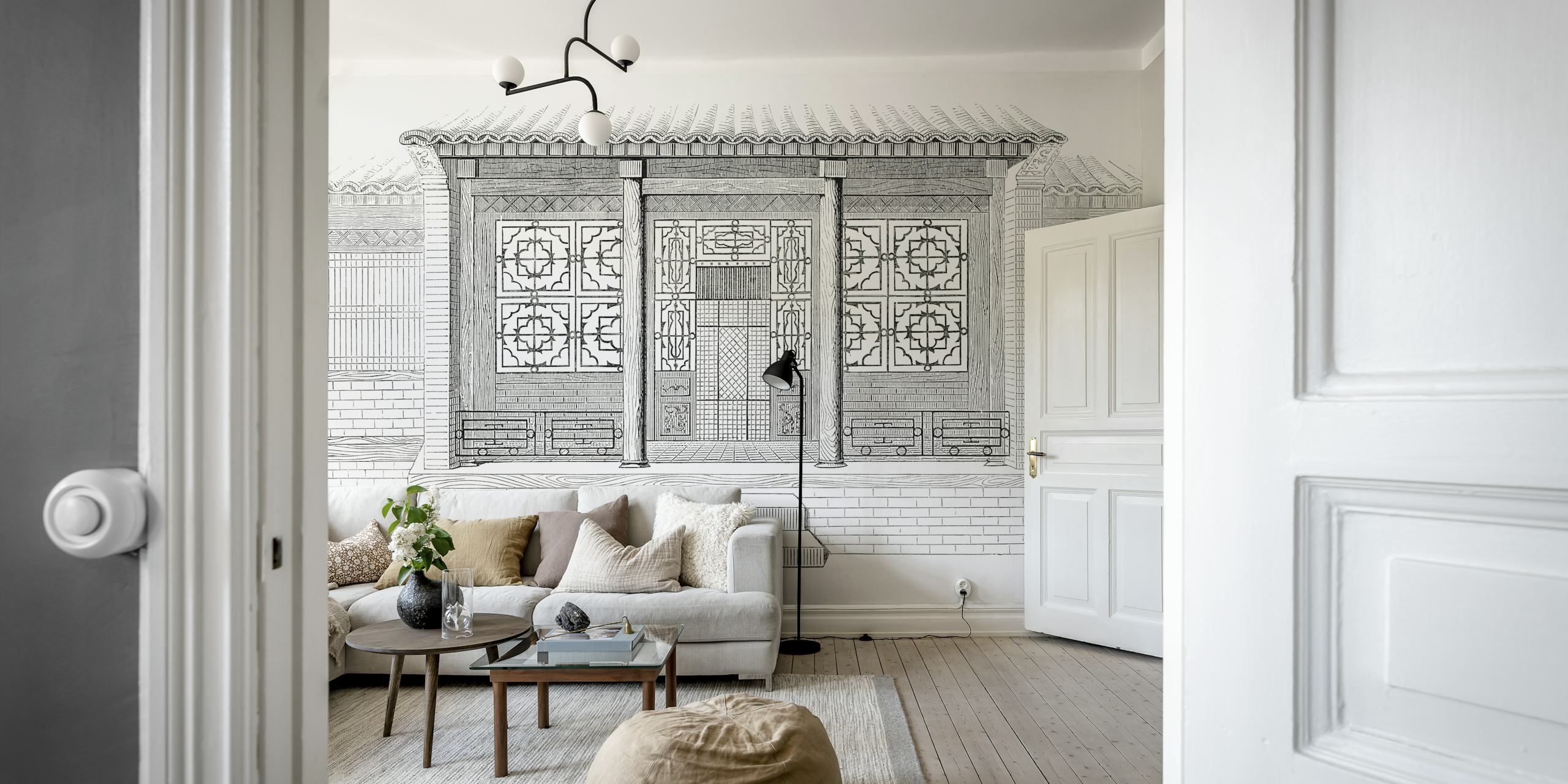 Κινεζική αντίκα Vintage Τοιχογραφία τοίχου που δείχνει περίπλοκα αρχιτεκτονικά σχέδια