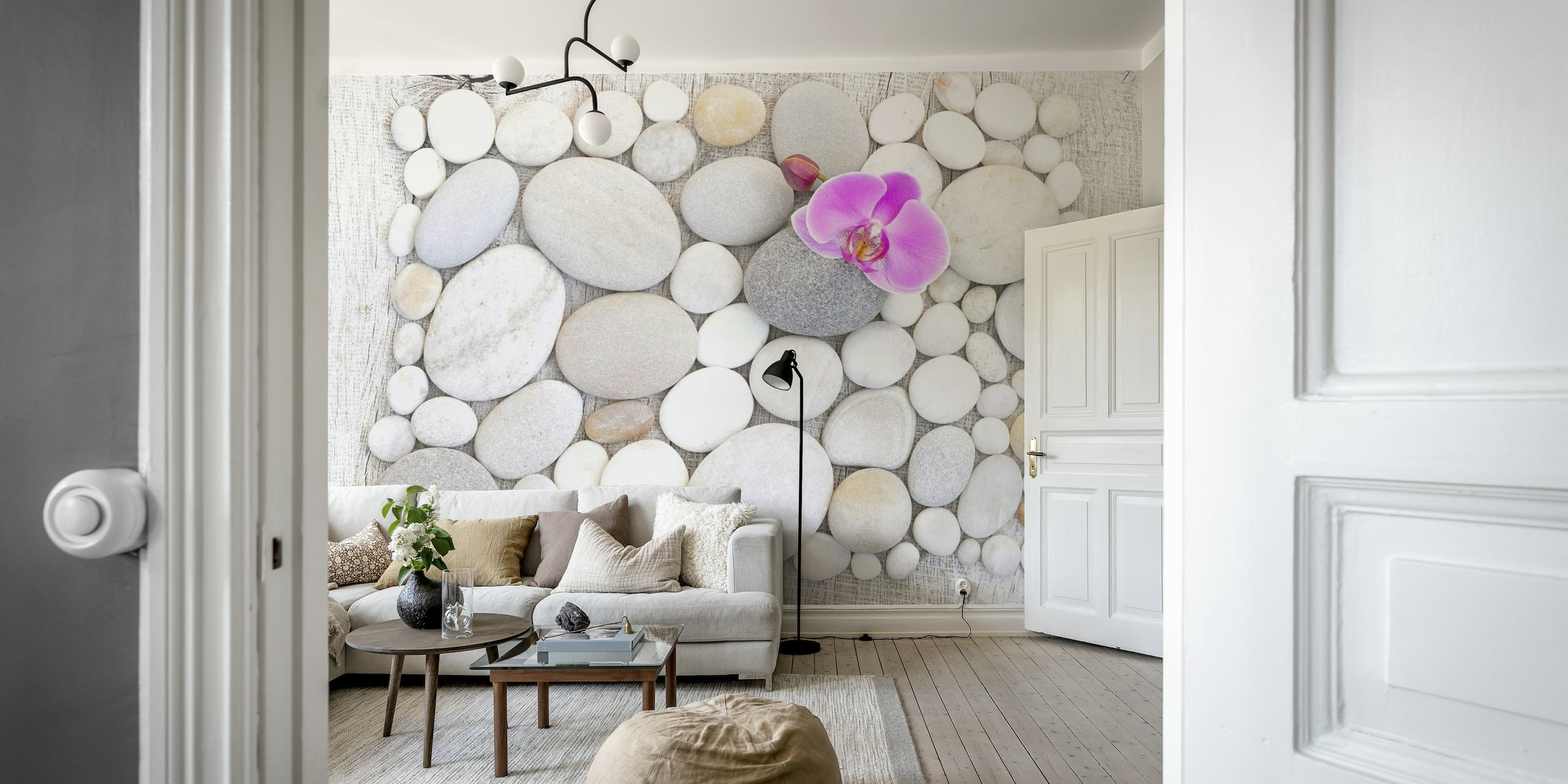 Pink Orchid On White Pebble behang