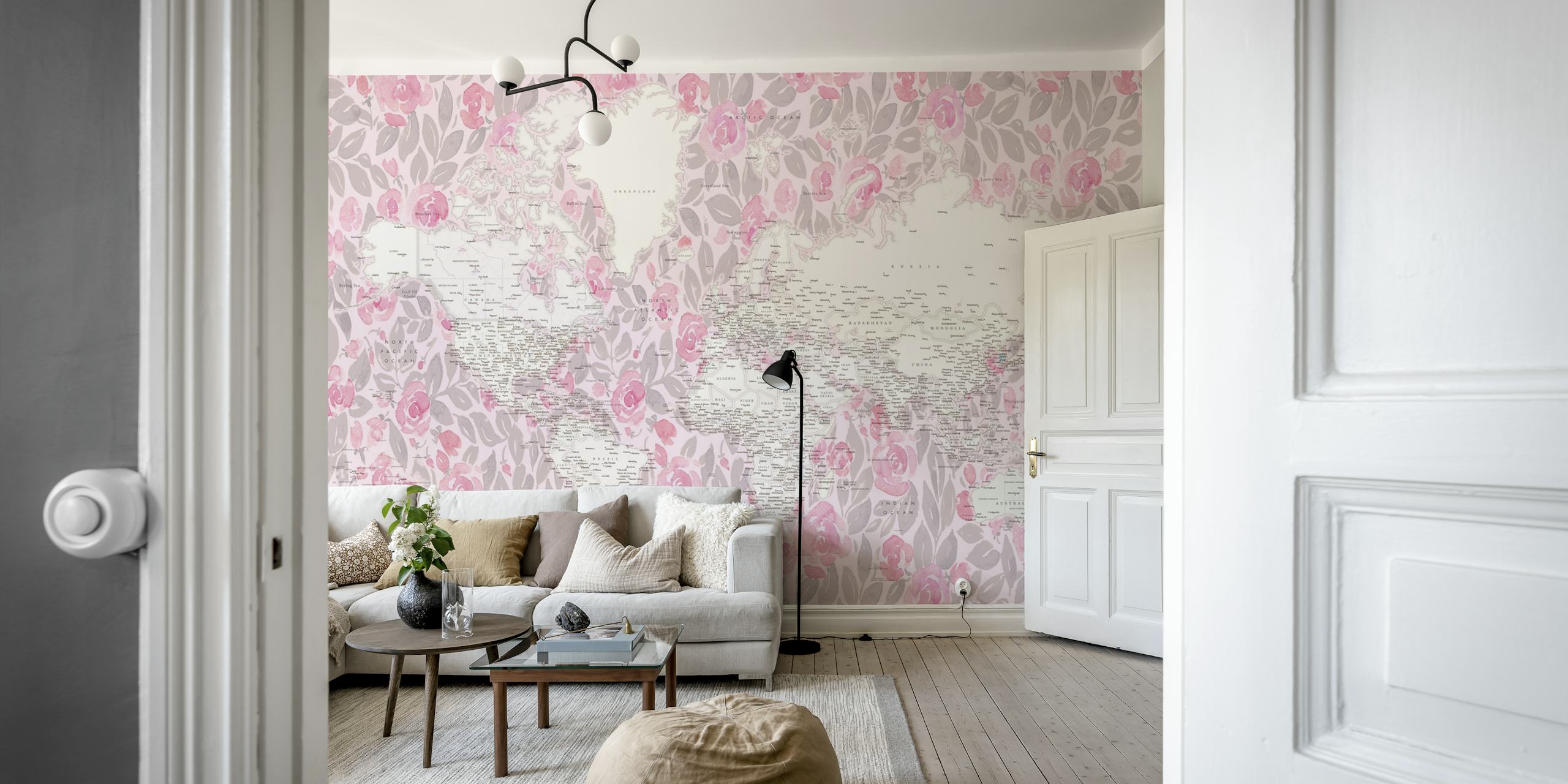 World map with pink floral background wallpaper