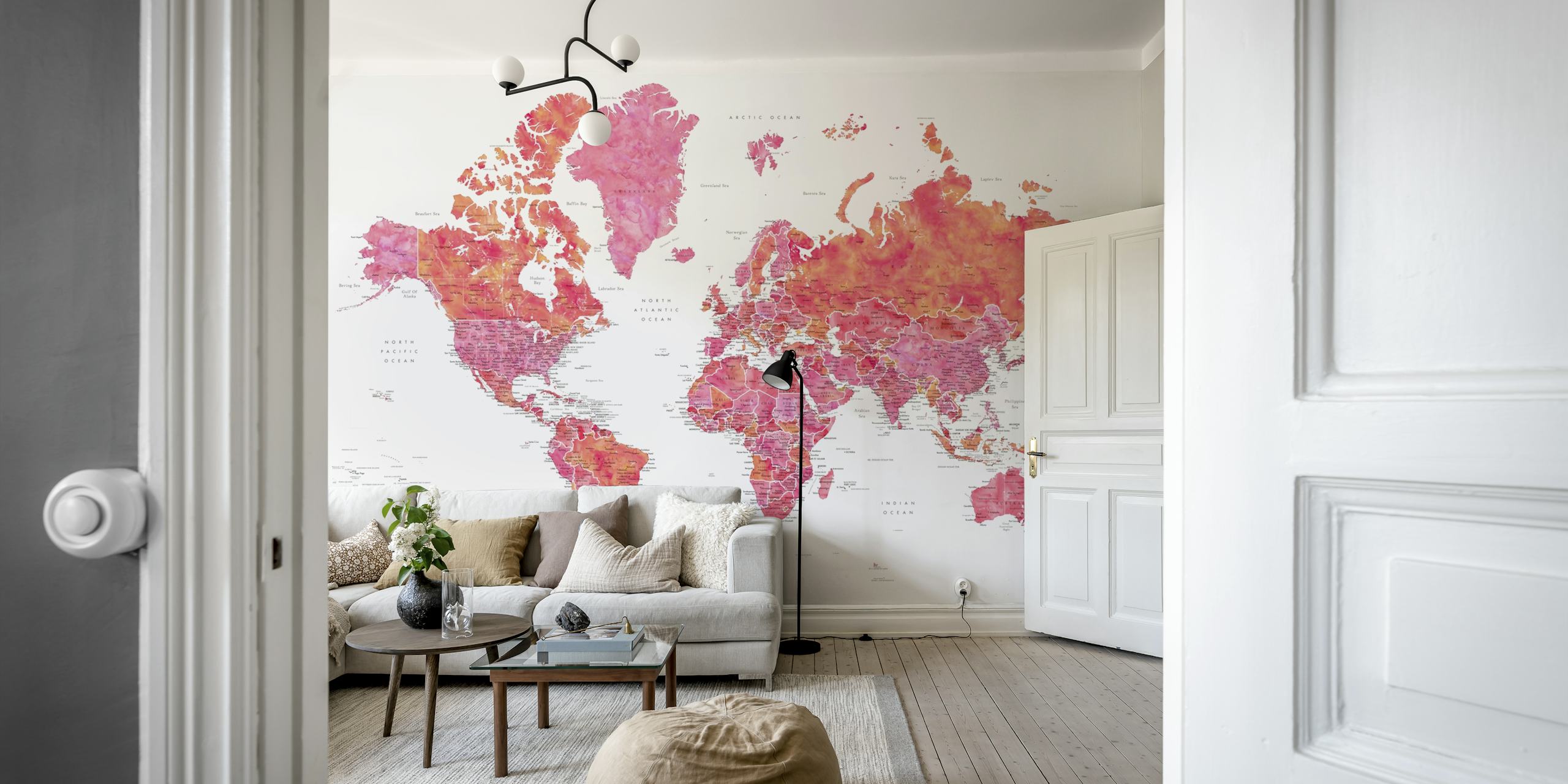 Colorful world map with pink tones wallpaper