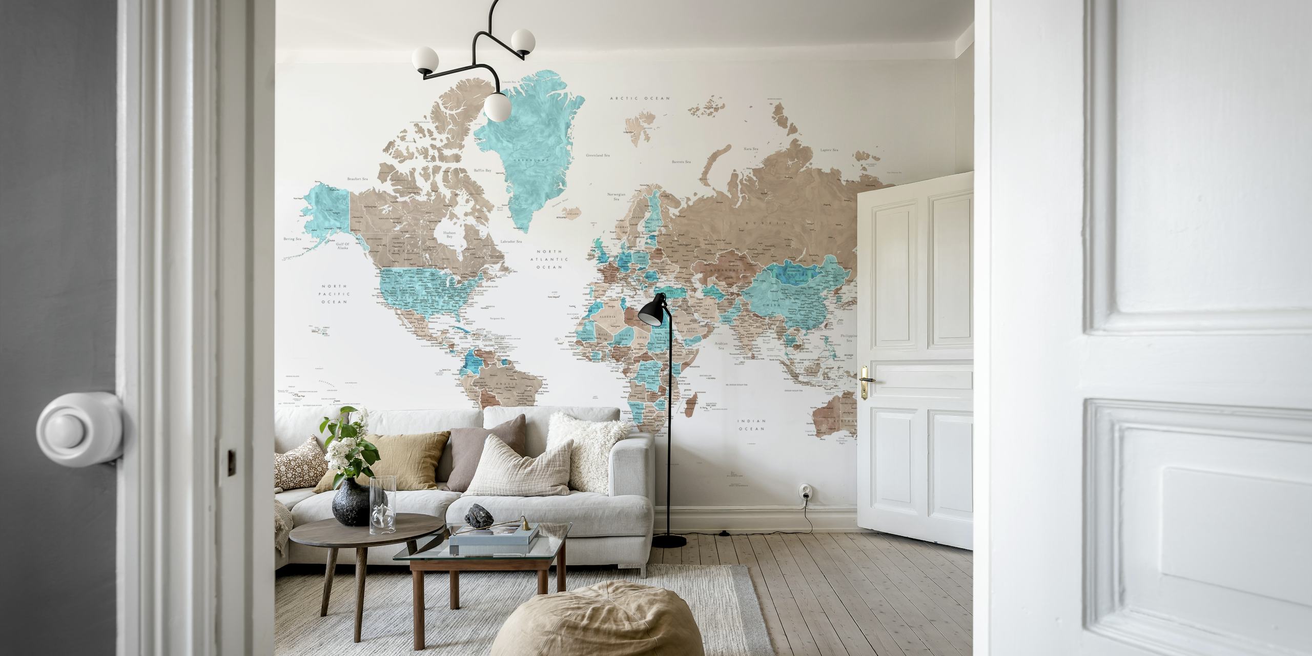 Detailed world map in teal and beige tones wallpaper