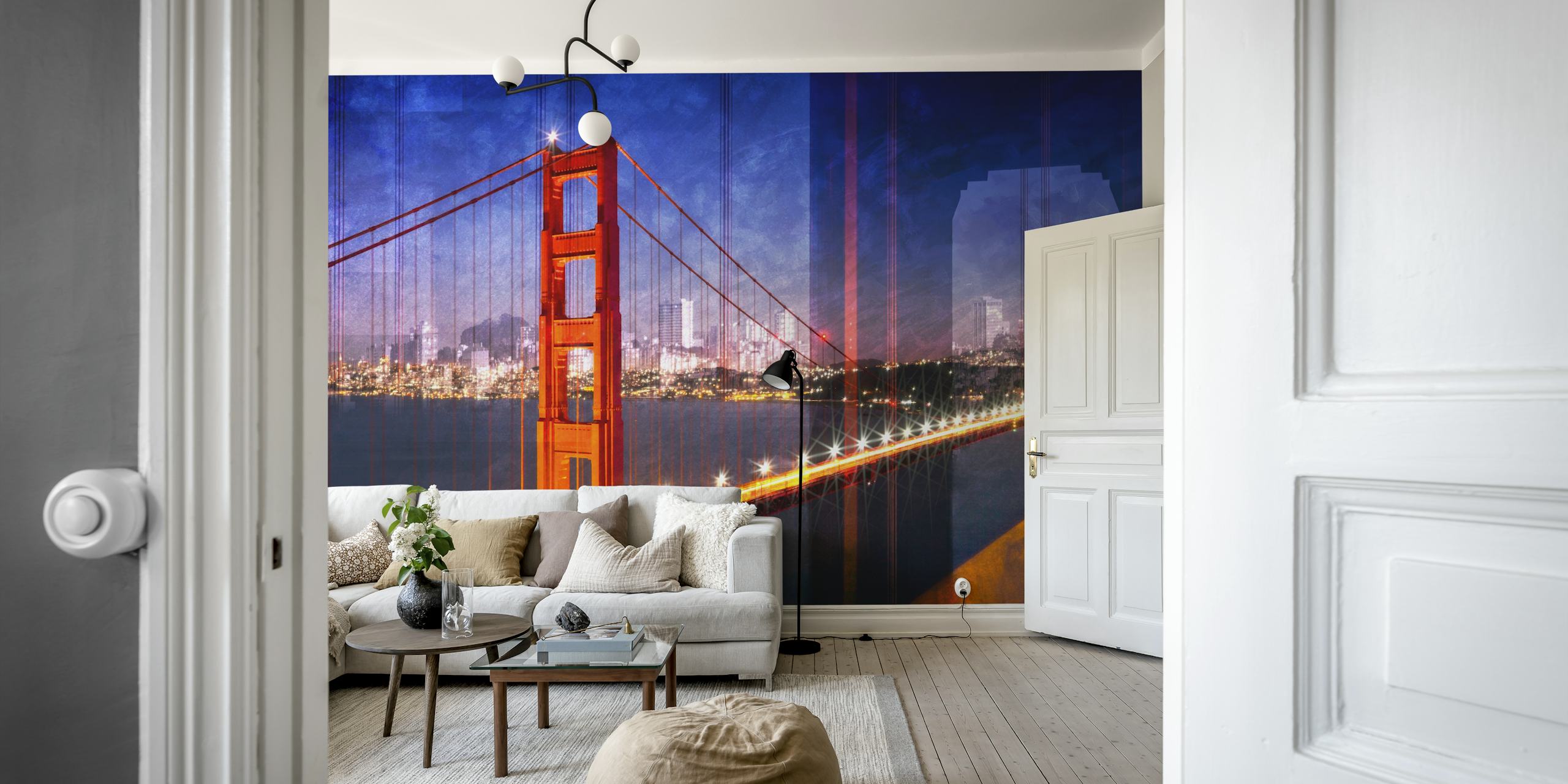 Golden Gate Bridge-vægmaleri med byens skyline og tusmørketoner