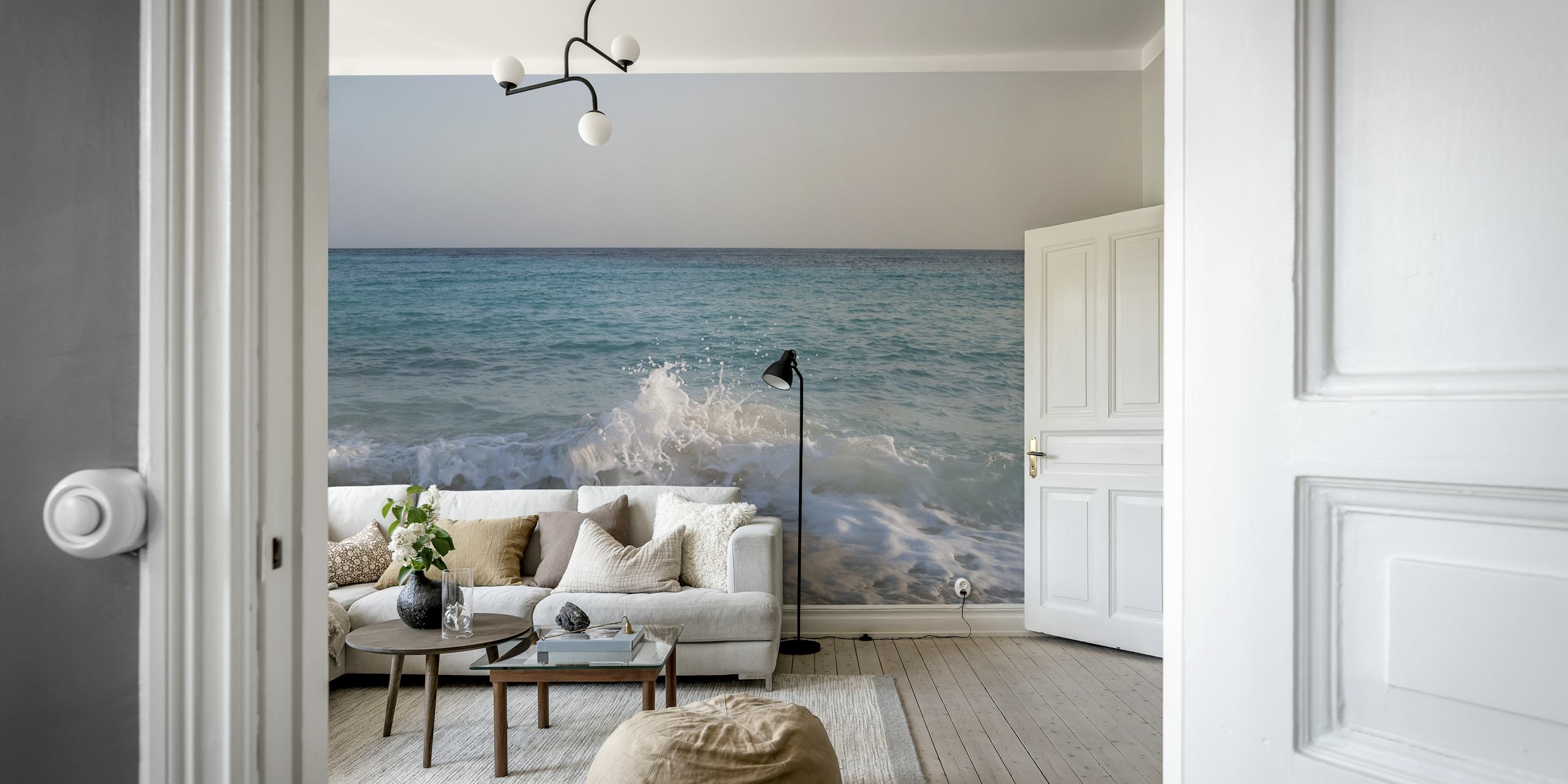 Caribbean ocean waves in turquoise and white colors wallpaper
