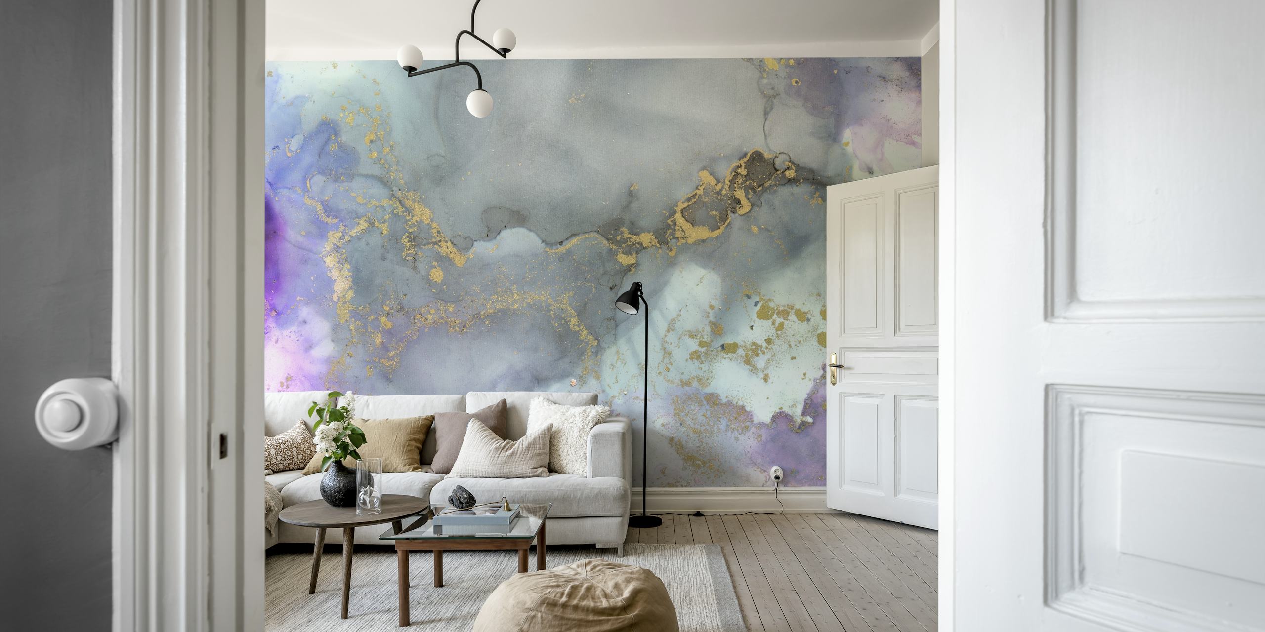 Alcohol Ink Grey Gold Marmor veggmaleri med røykgrå og gullmønstre