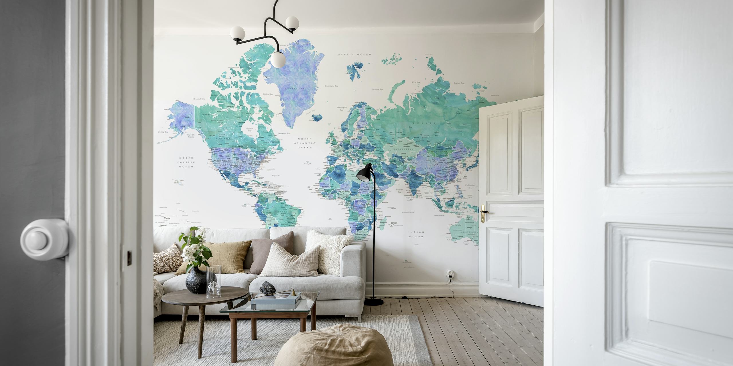 Colorful world map in shades of blue and green wallpaper