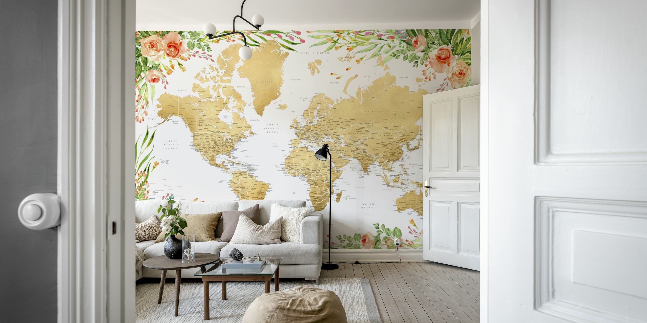 World map adorned with colorful floral patterns and golden accents wallpaper