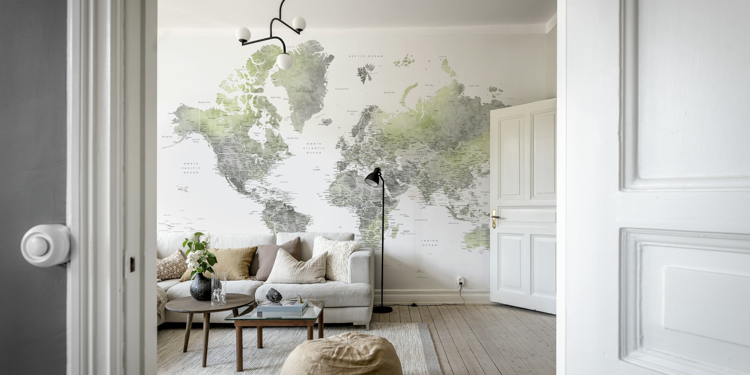 Watercolor world map with green and gray tones wallpaper