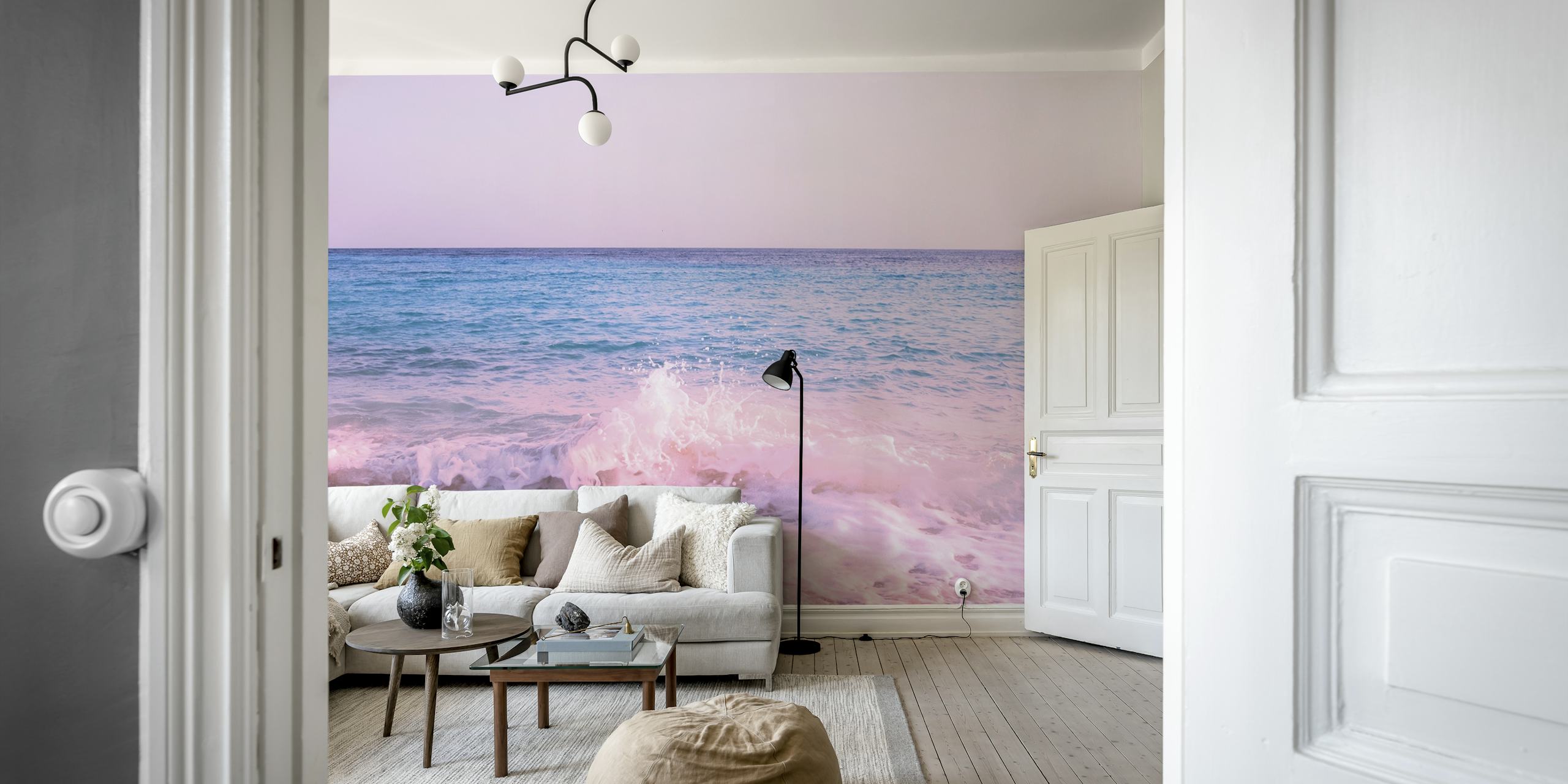 Tropical ocean waves with pink tint wallpaper
