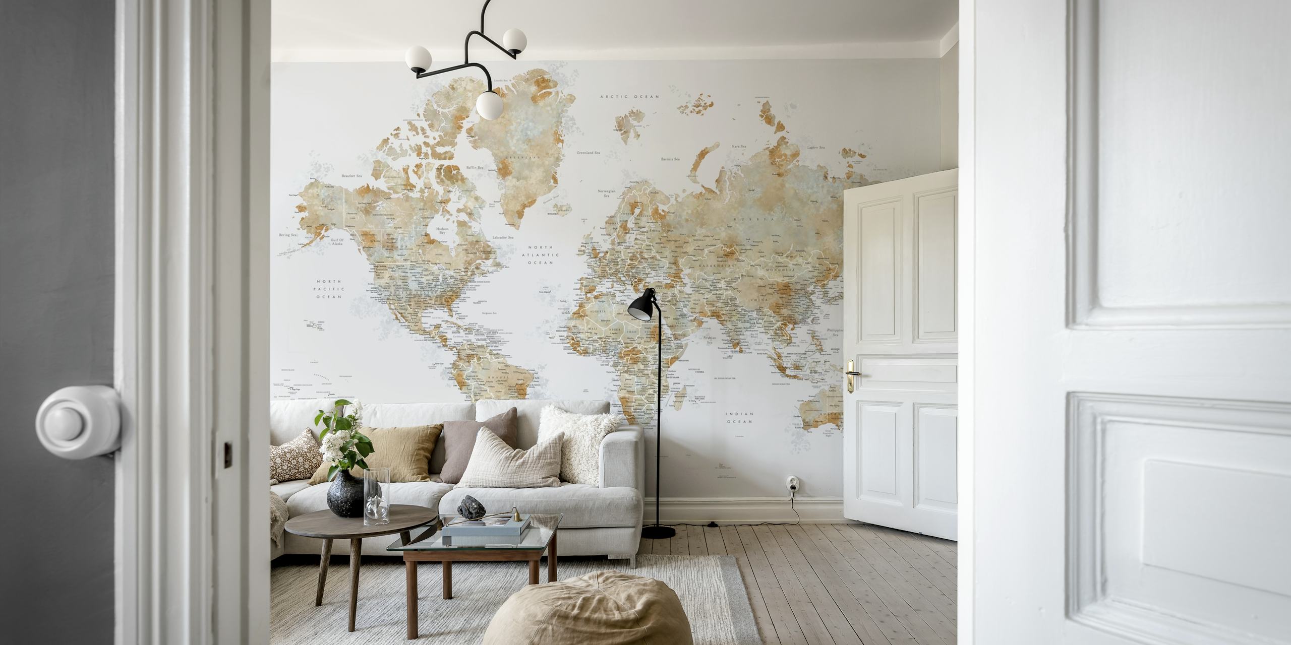 Detailed world map in earth tones with light blue and tan colors wallpaper