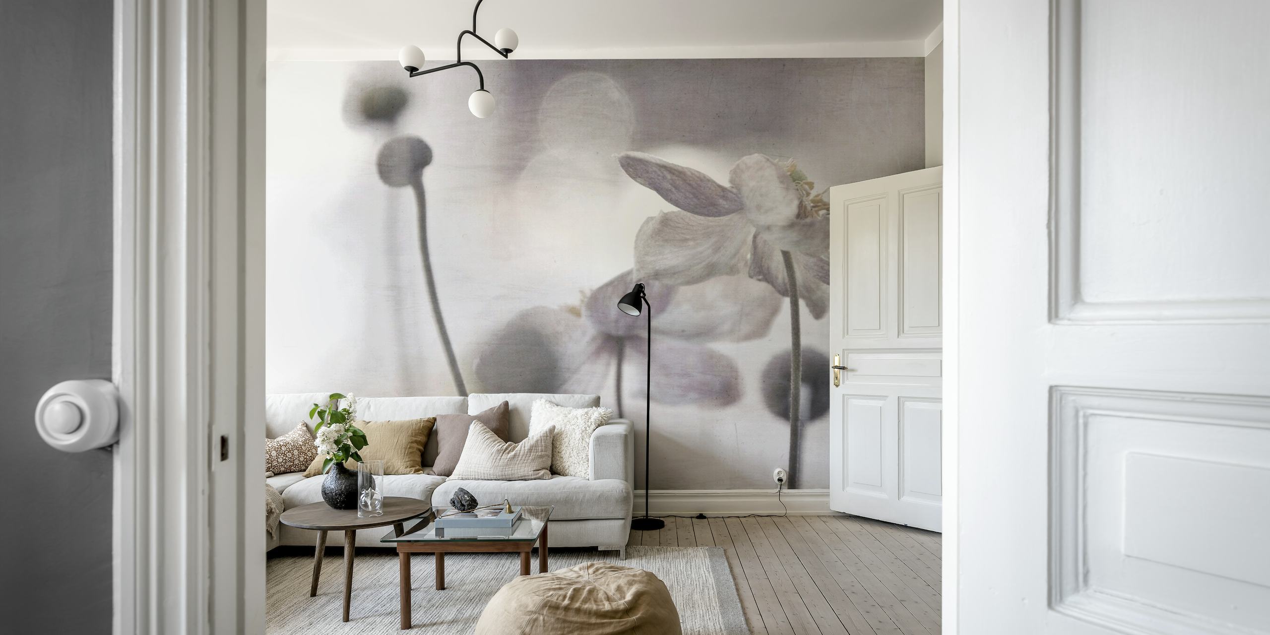 Ethereal faded flowers wall mural named 'What Remains' with a serene and tranquil aesthetic.