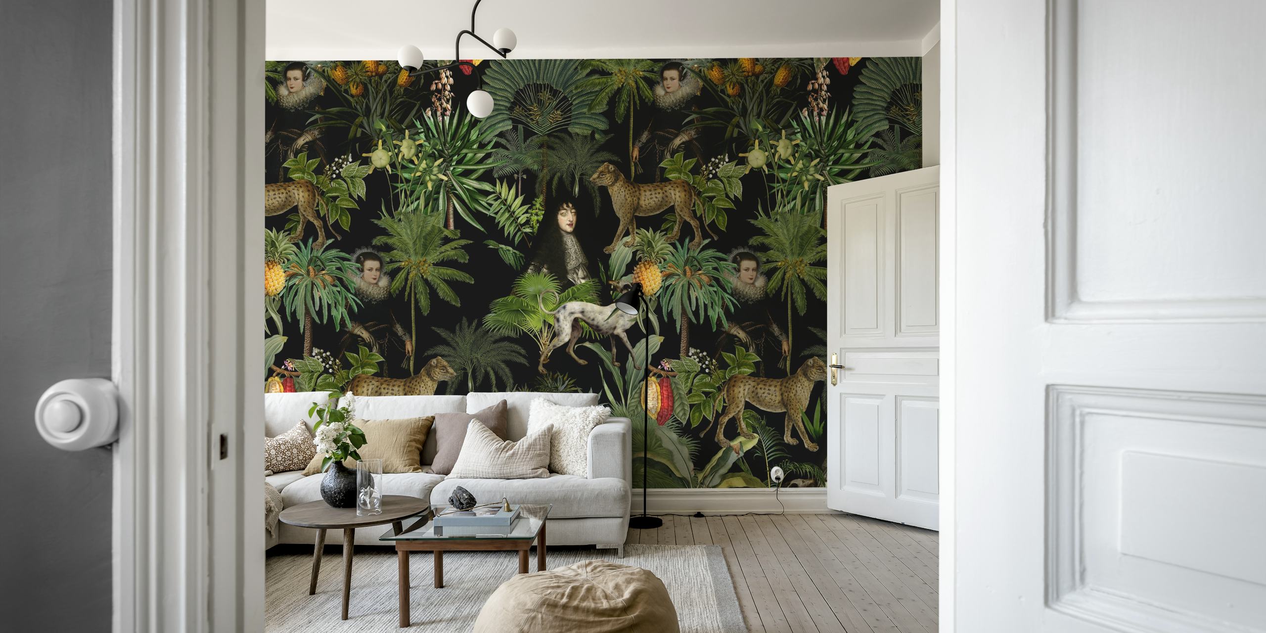 Animal and foliage patterns on black background wallpaper