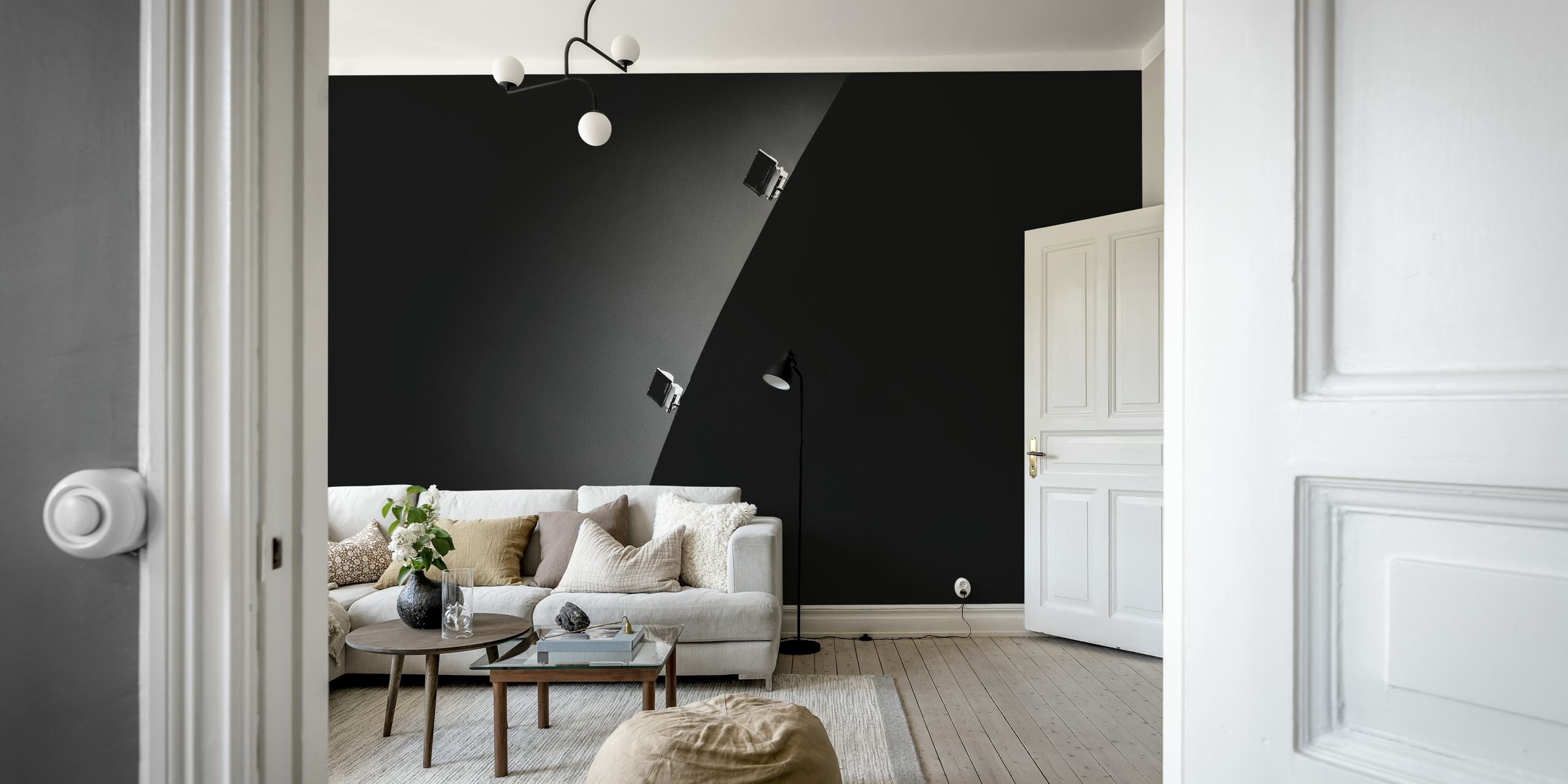 Abstract black and white design with dramatic curves and lights wallpaper