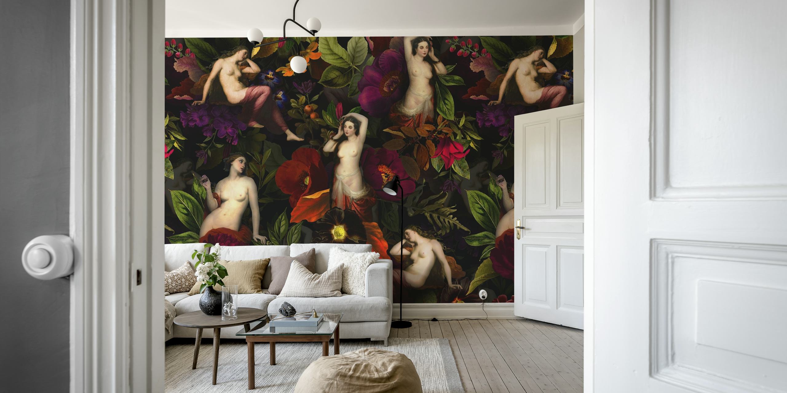 Baroque Midnight Venus Flower Garden wallpaper in a room