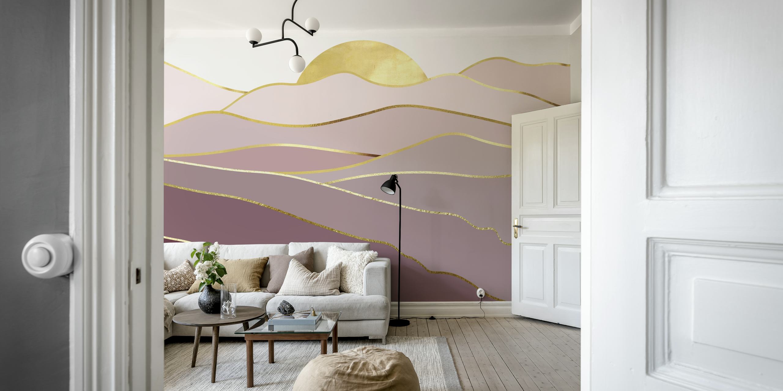 Soft pink, gold, and burgundy landscape wallpaper