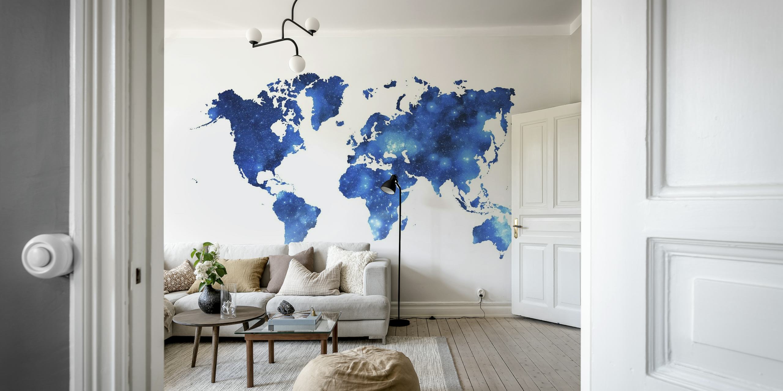 Verdenskort Mørkeblå vægmaleri i akvarelstil