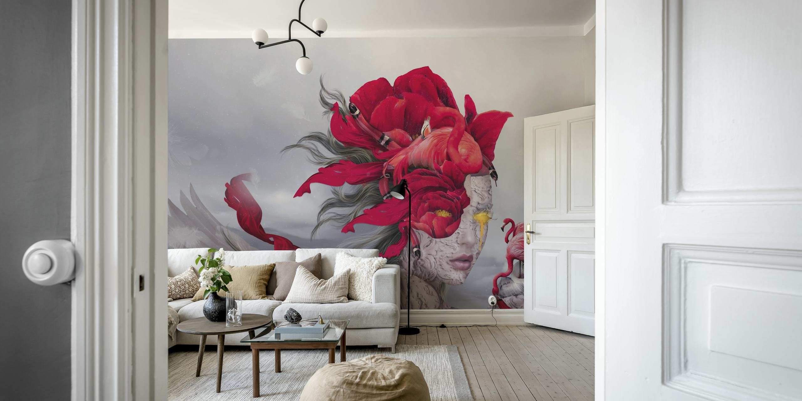 Flamingo Queen wallpaper featuring a woman with floral elements and flamingo, red colors, modern design
