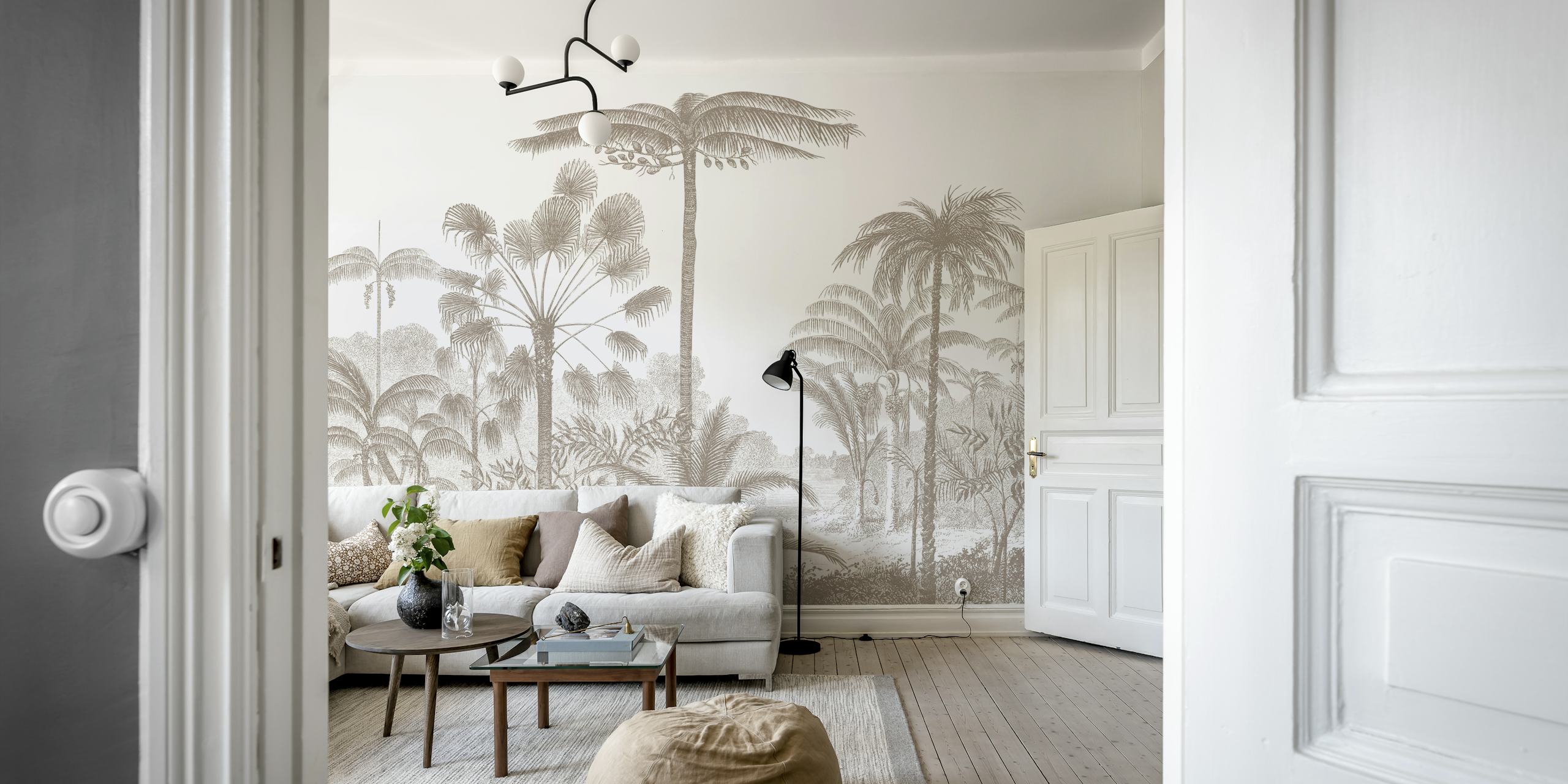 Vintage jungle scene with palm trees in bronze hues wallpaper