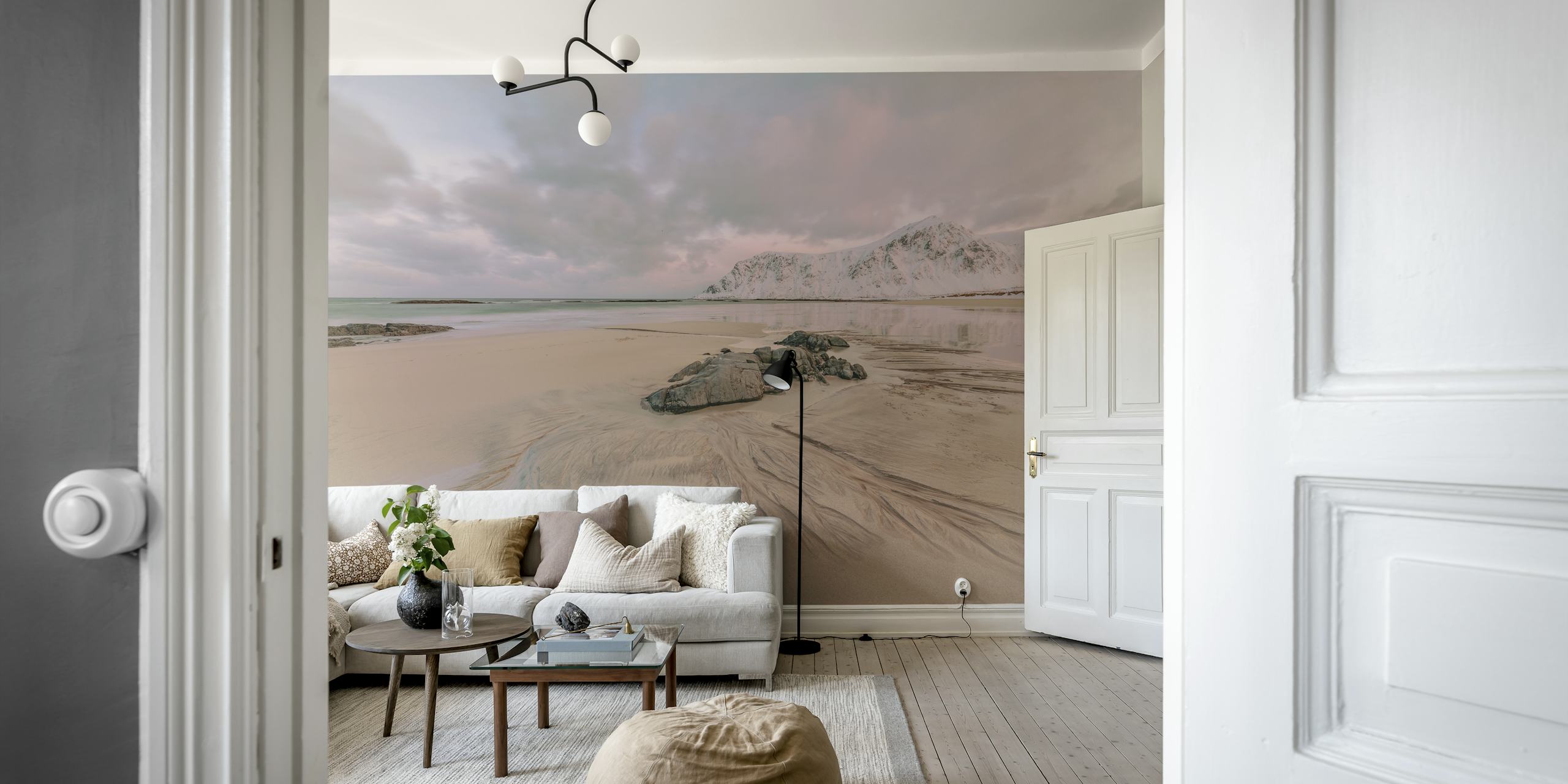 Calm Arctic landscape with mountains, rocks, and beach wallpaper