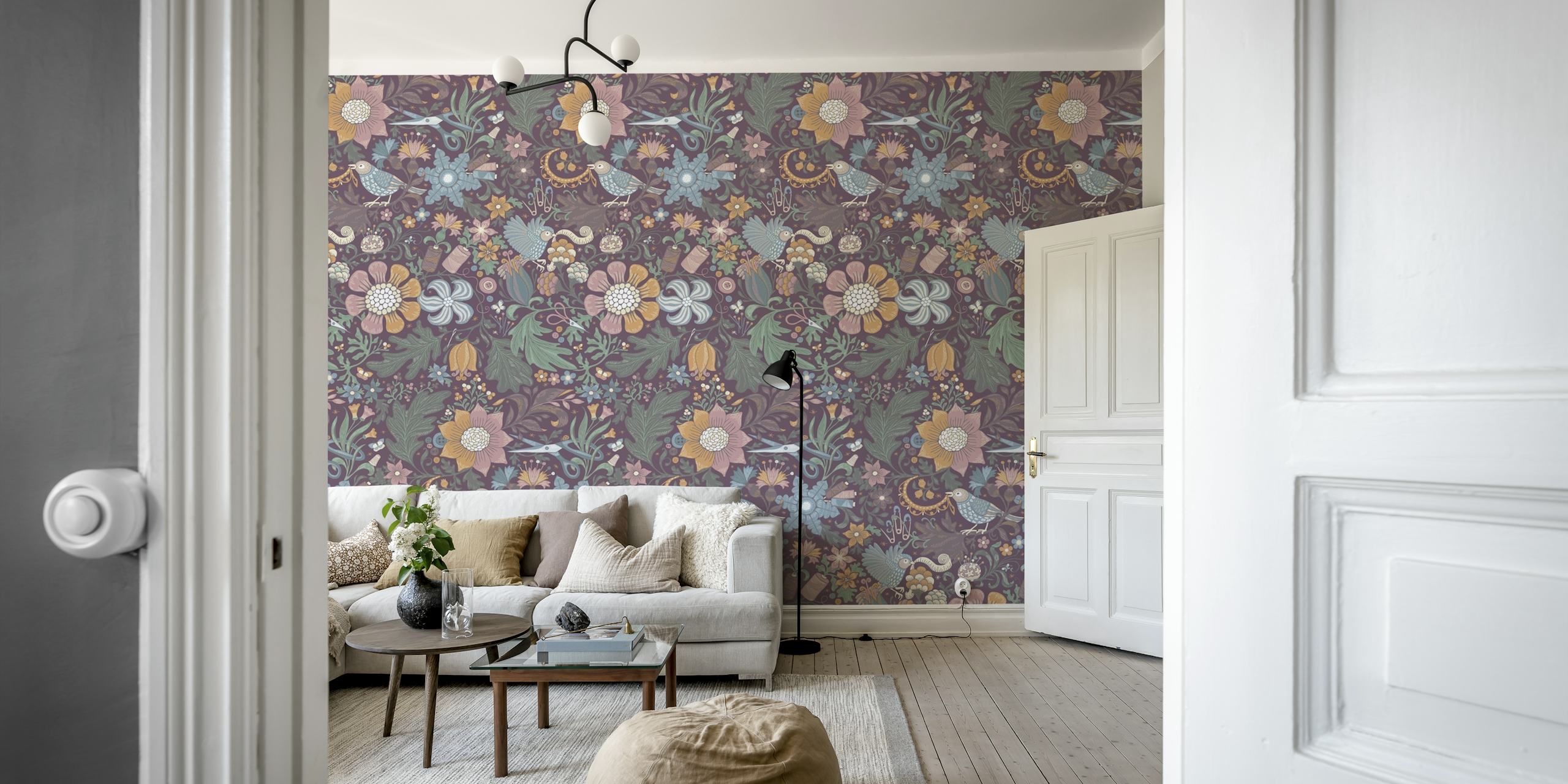 Sewing Story Mauve floral wallpaper in a room