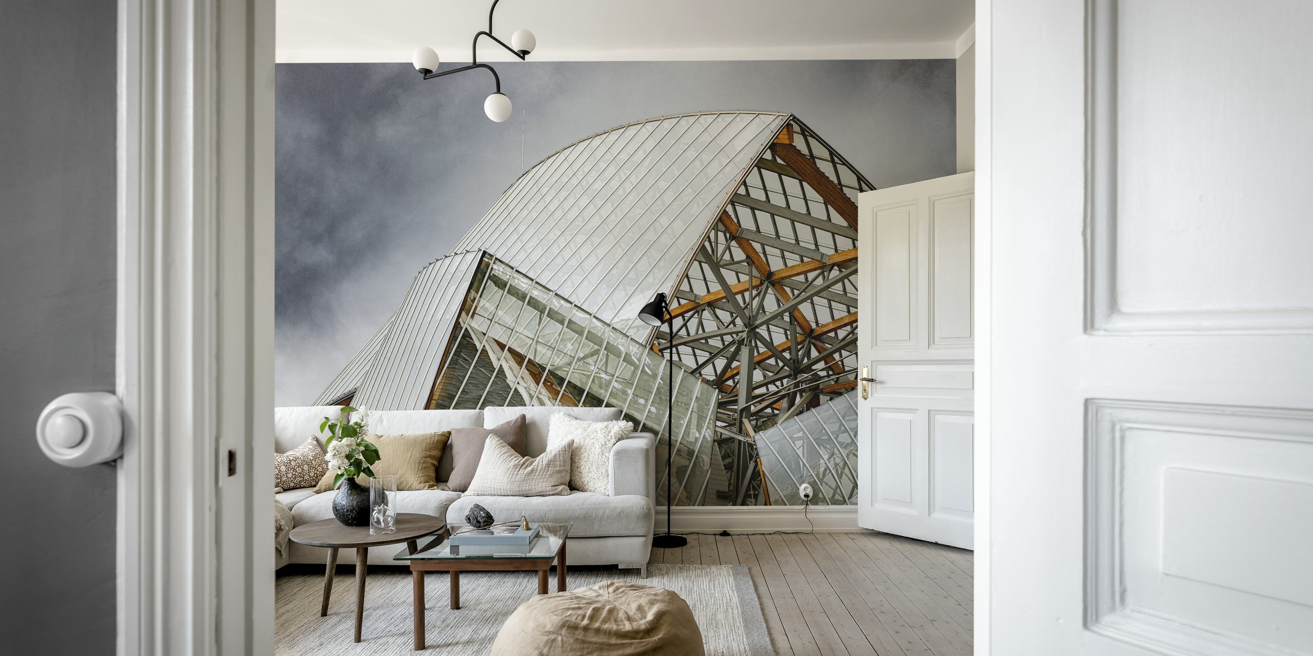 Architectural glass design with metallic tones wallpaper