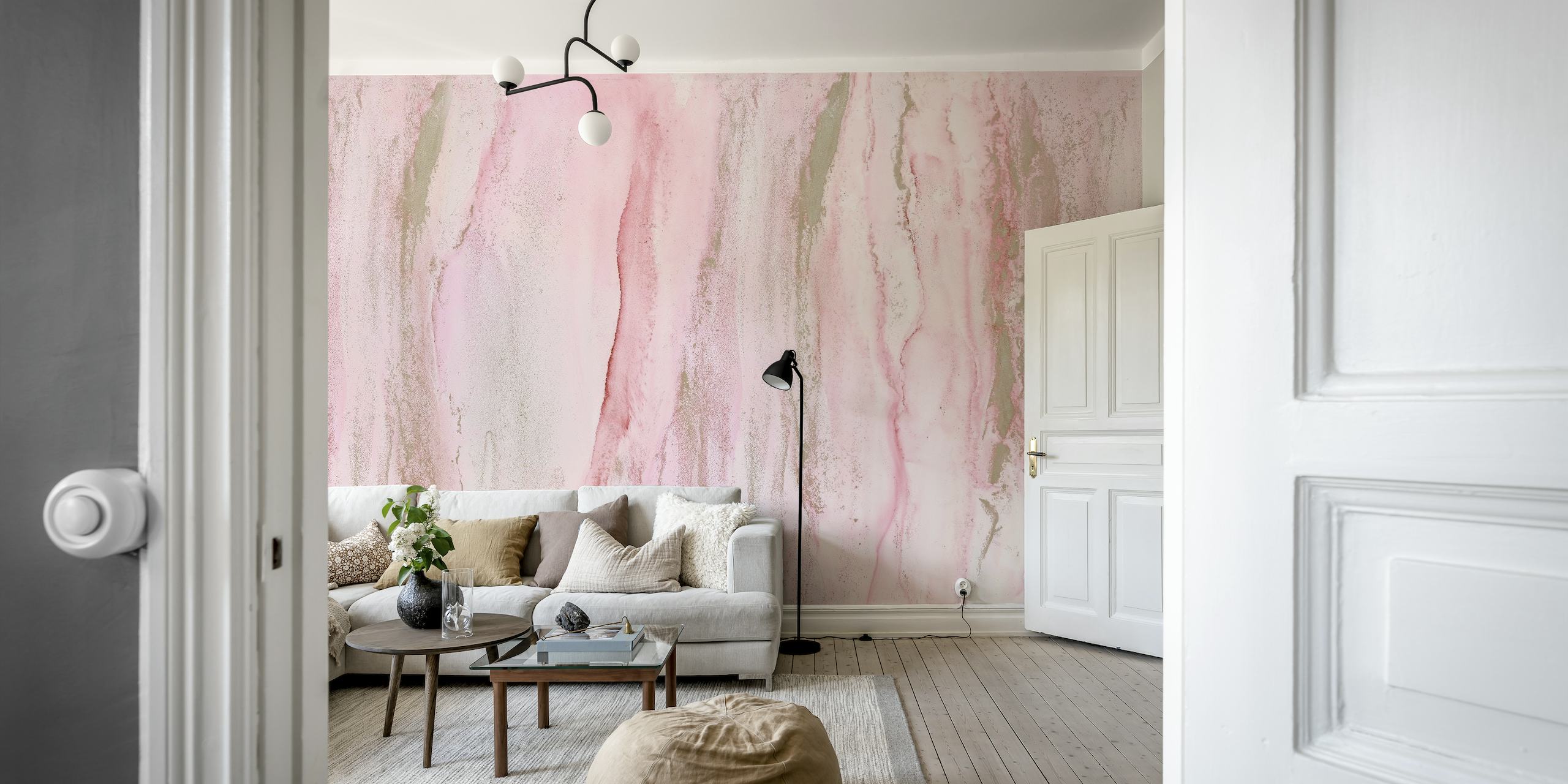 Fotomural de pared Arte con tinta de alcohol rosa rubor y dorado