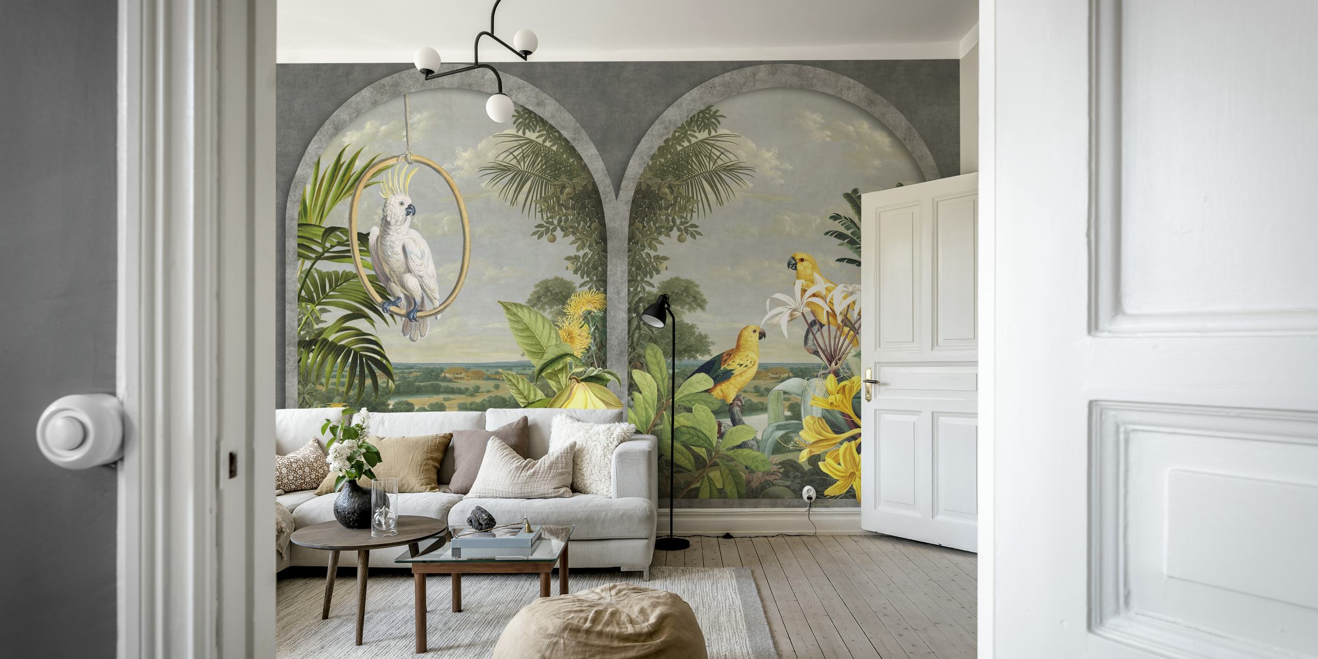 Two tropical birds amidst yellow flowers and green plants wallpaper