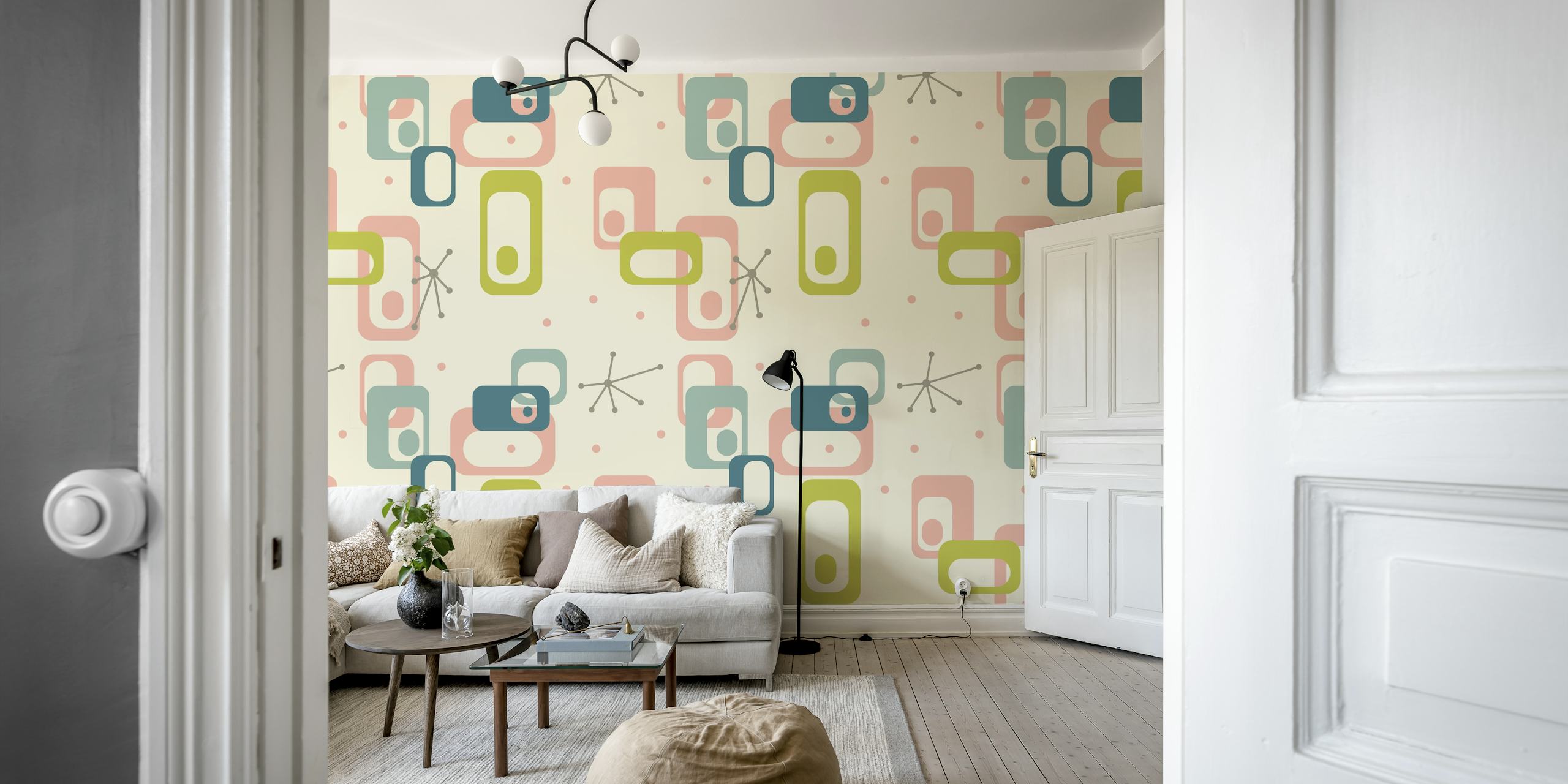 Geometric shapes in pastel colors on cream background wallpaper