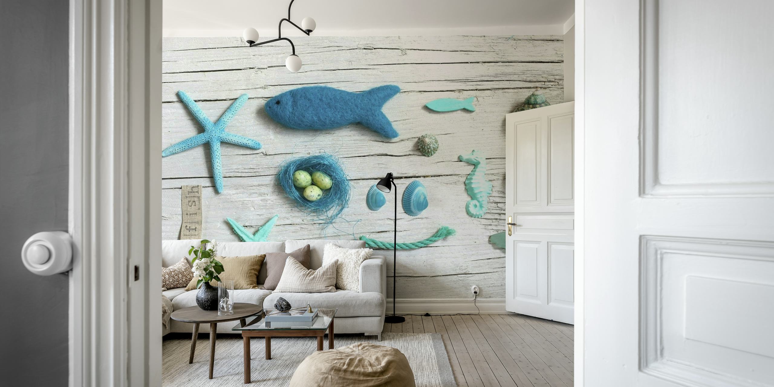 Coastal inspired Ocean Jetsam Collage Art wall mural featuring marine elements on a wooden background