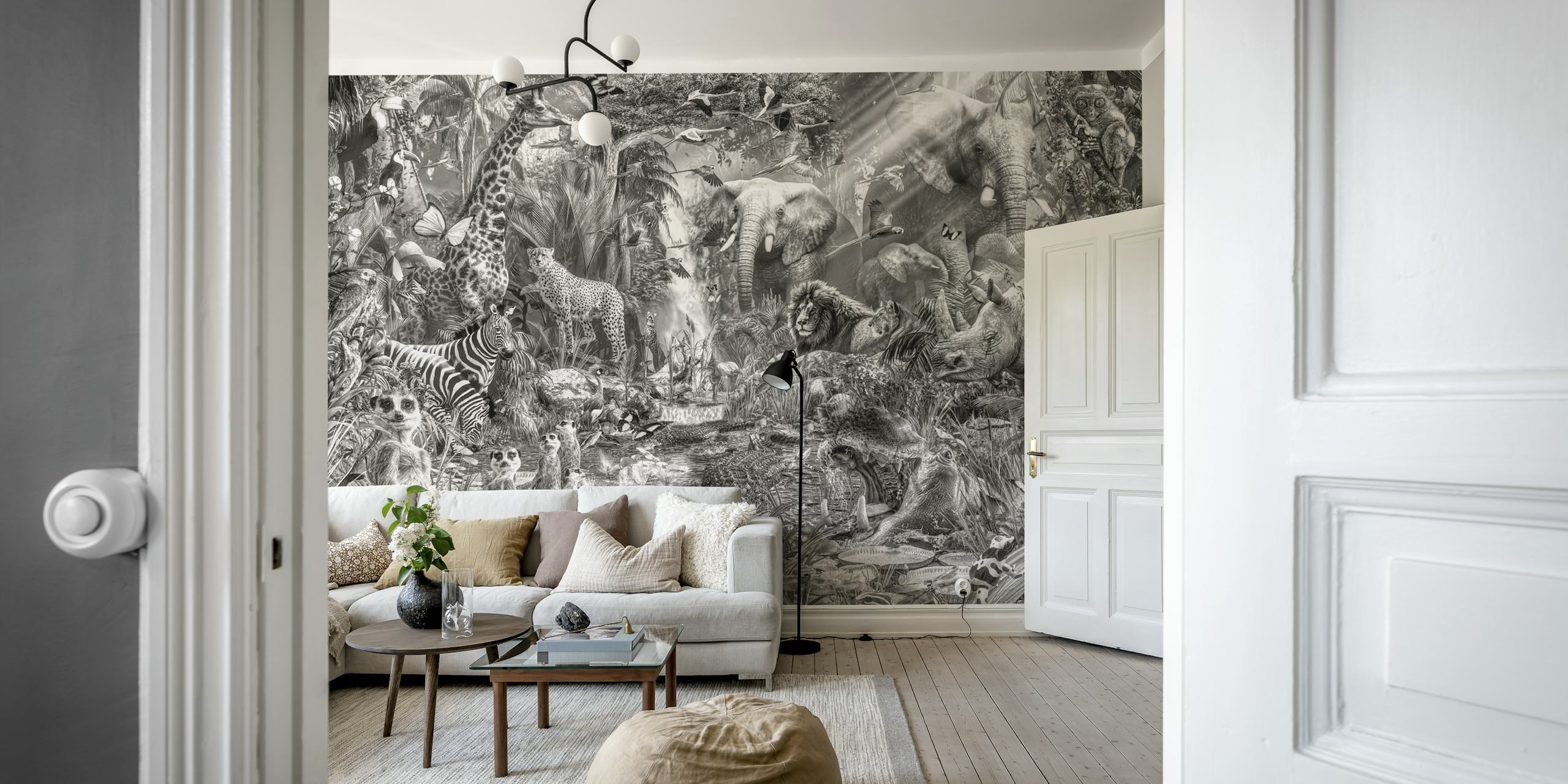 Jungle animal scene with elephants, lions, and zebras in black and white wallpaper