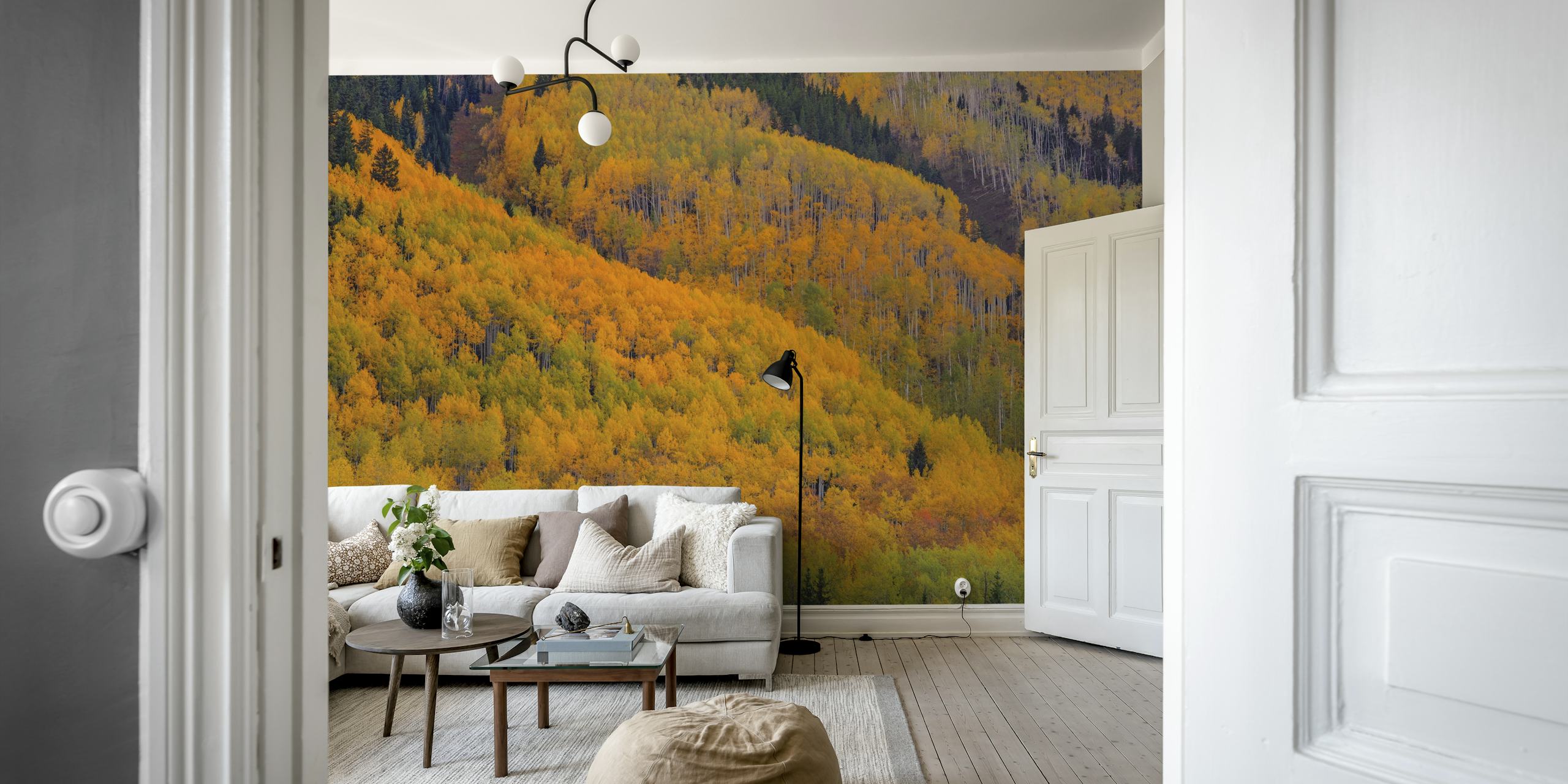 Colorful autumn leaves and trees in shades of orange, yellow, and green wallpaper
