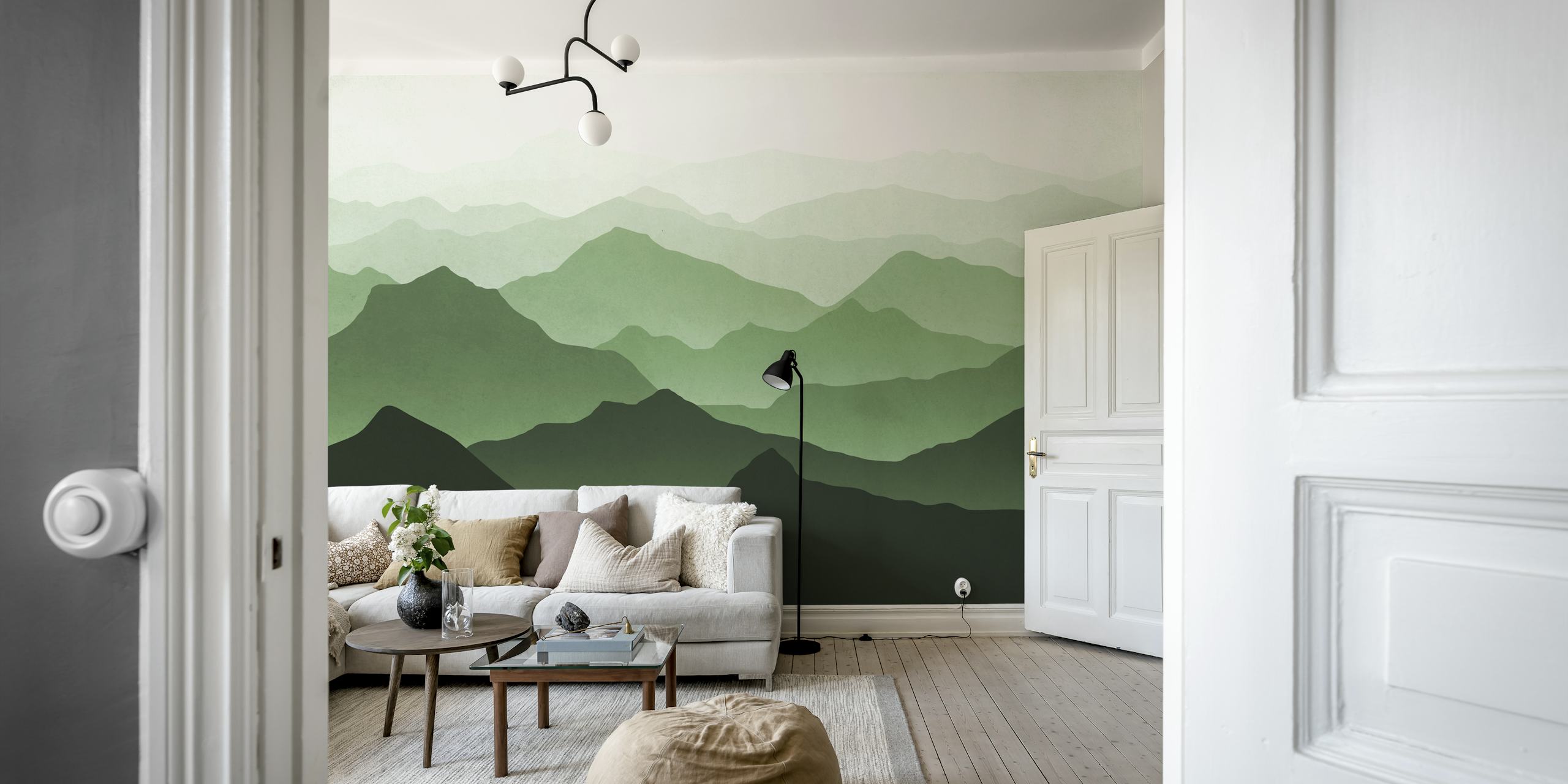 Layered green mountains in various shades, minimalist design wallpaper
