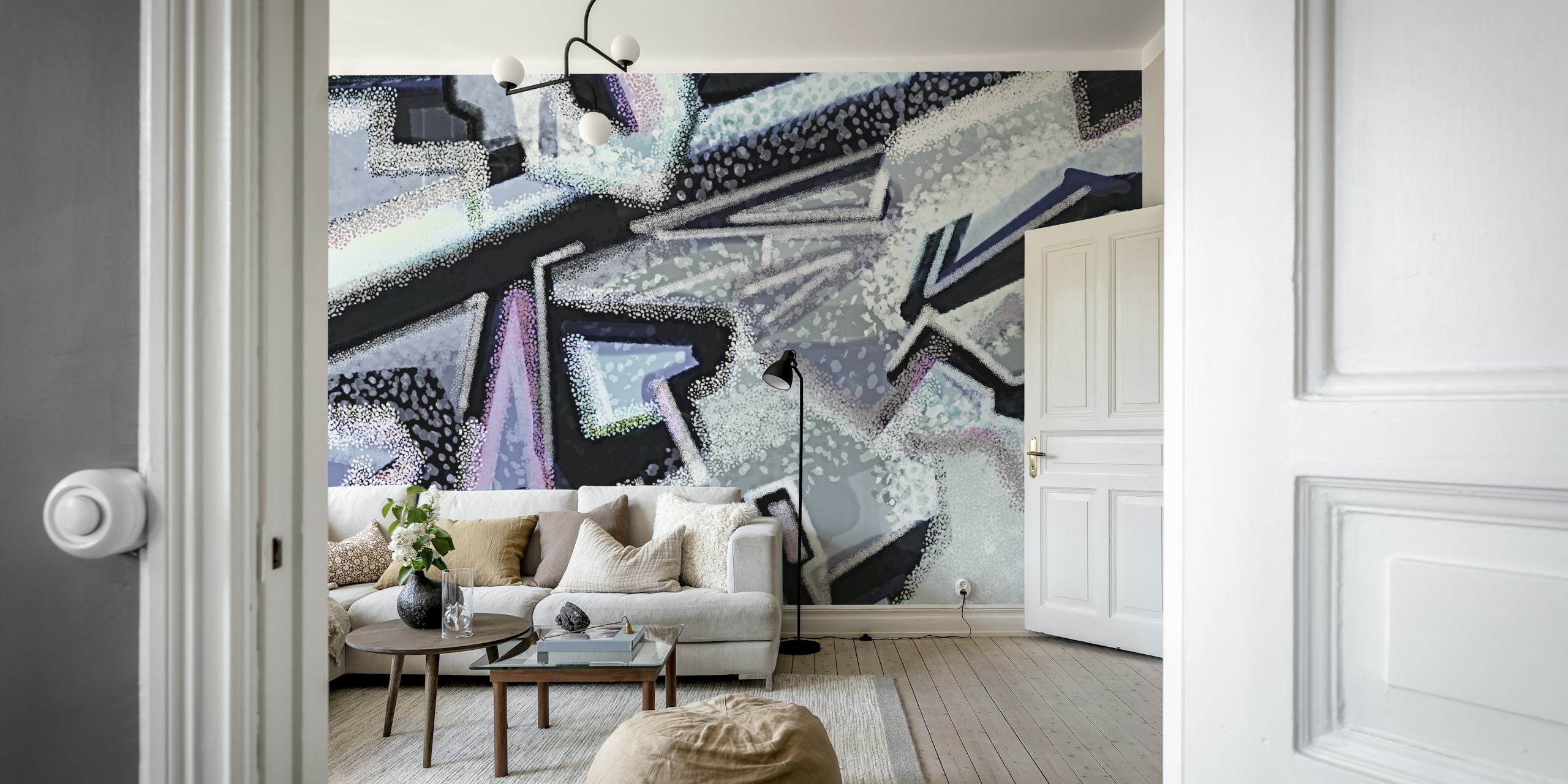 Urban geometric graffiti art wallpaper in a room