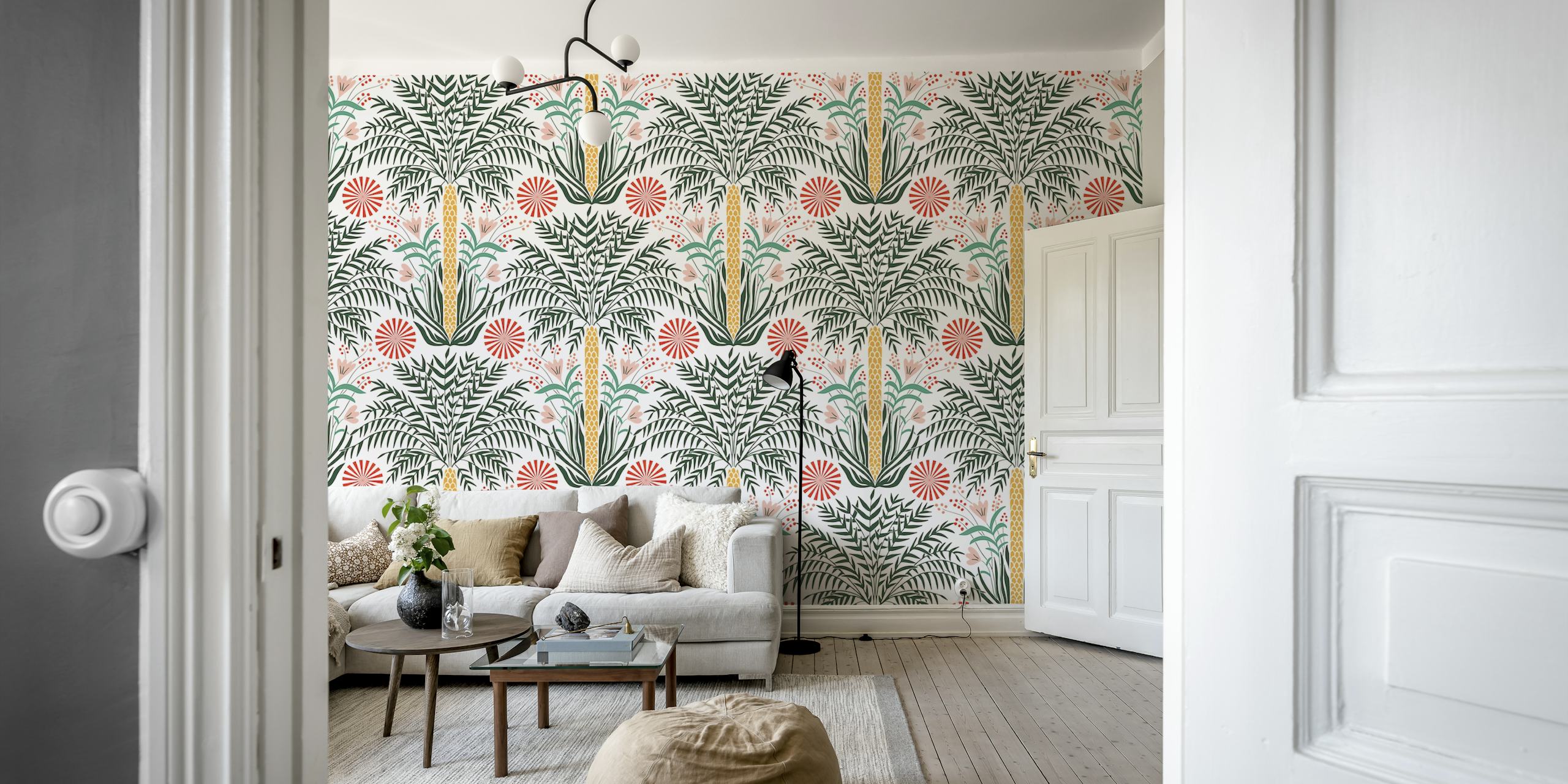 Tropical palm trees with floral accents and green leaves wallpaper