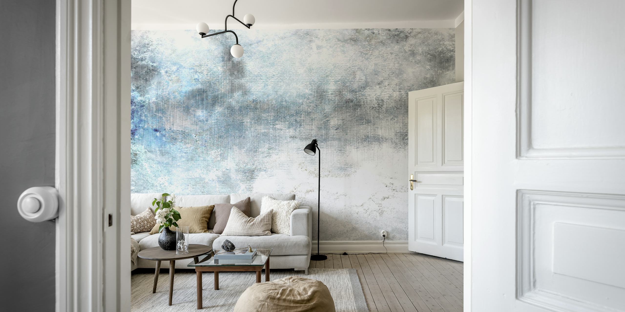 Frost inspired abstract wall mural with cool blue and white hues