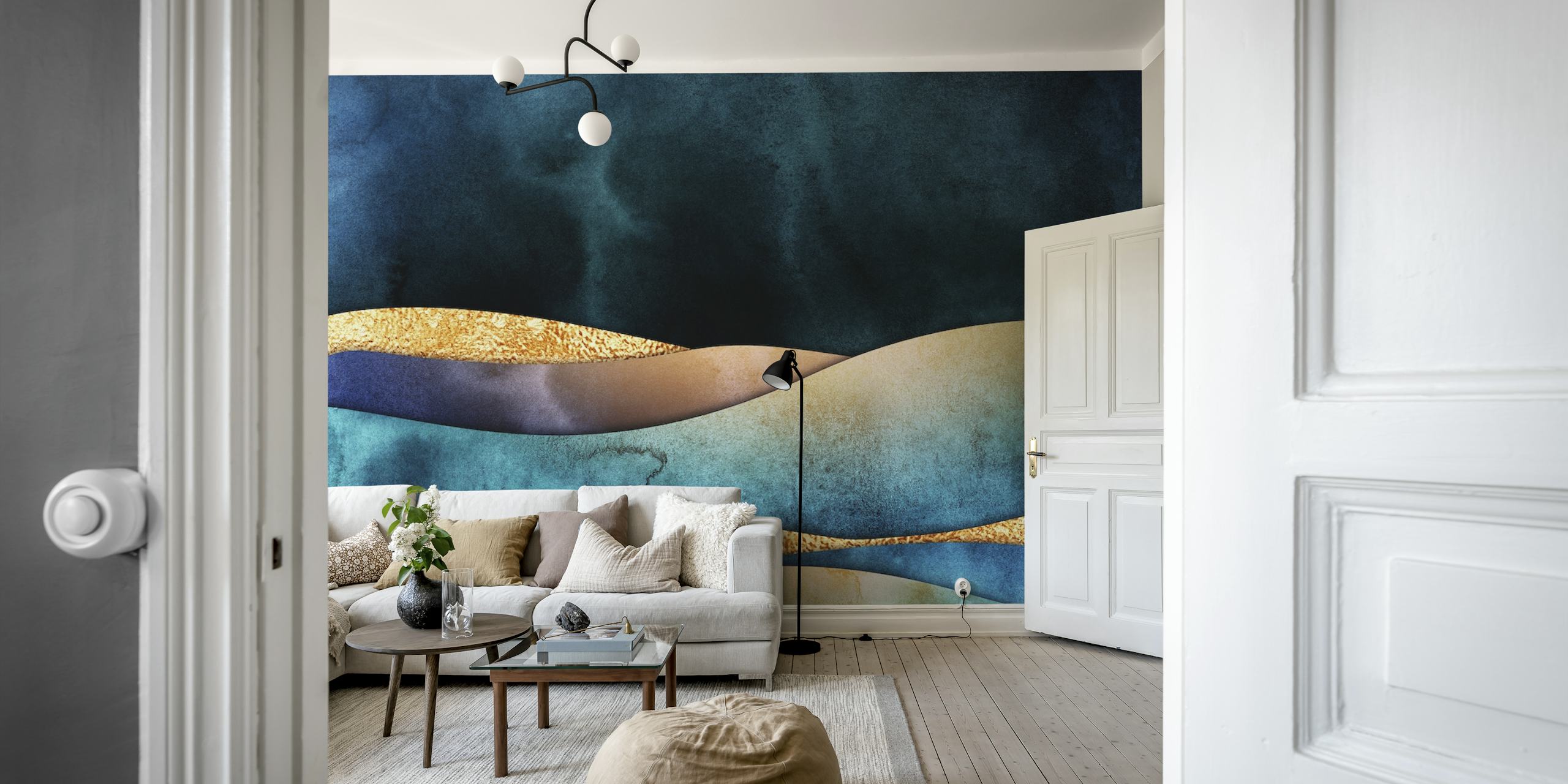 Abstrakt veggmaleri i blått og gull med mystisk landskapsdesign fra happywall.com