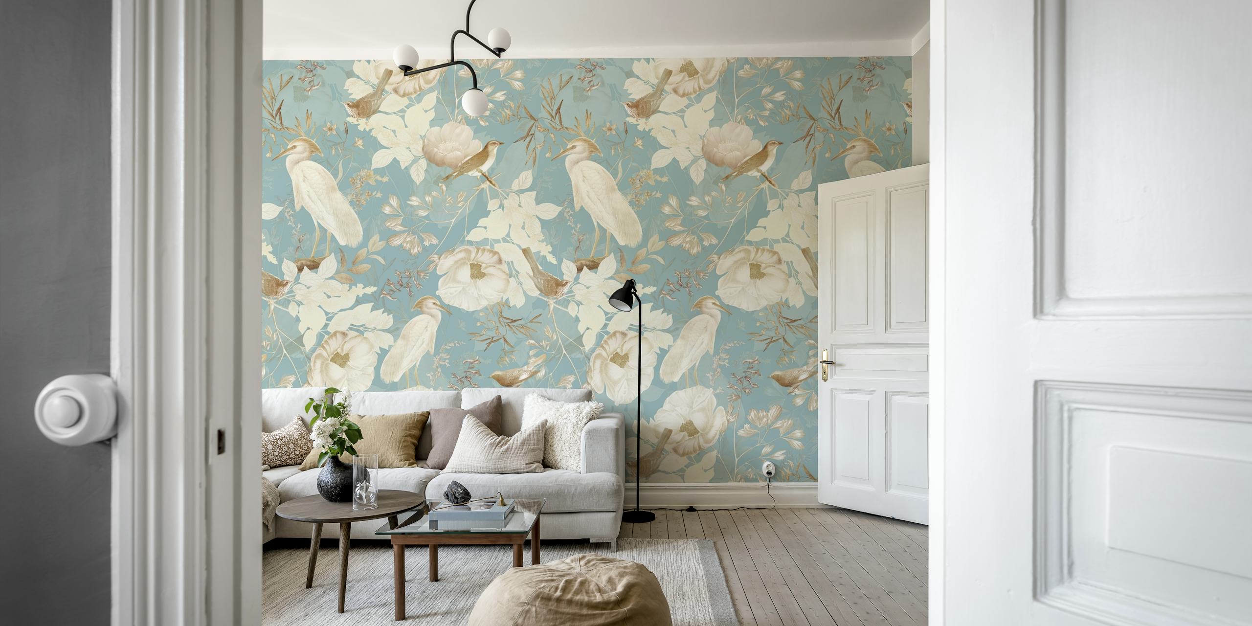 Vintage floral design with exotic birds and soft colors wallpaper