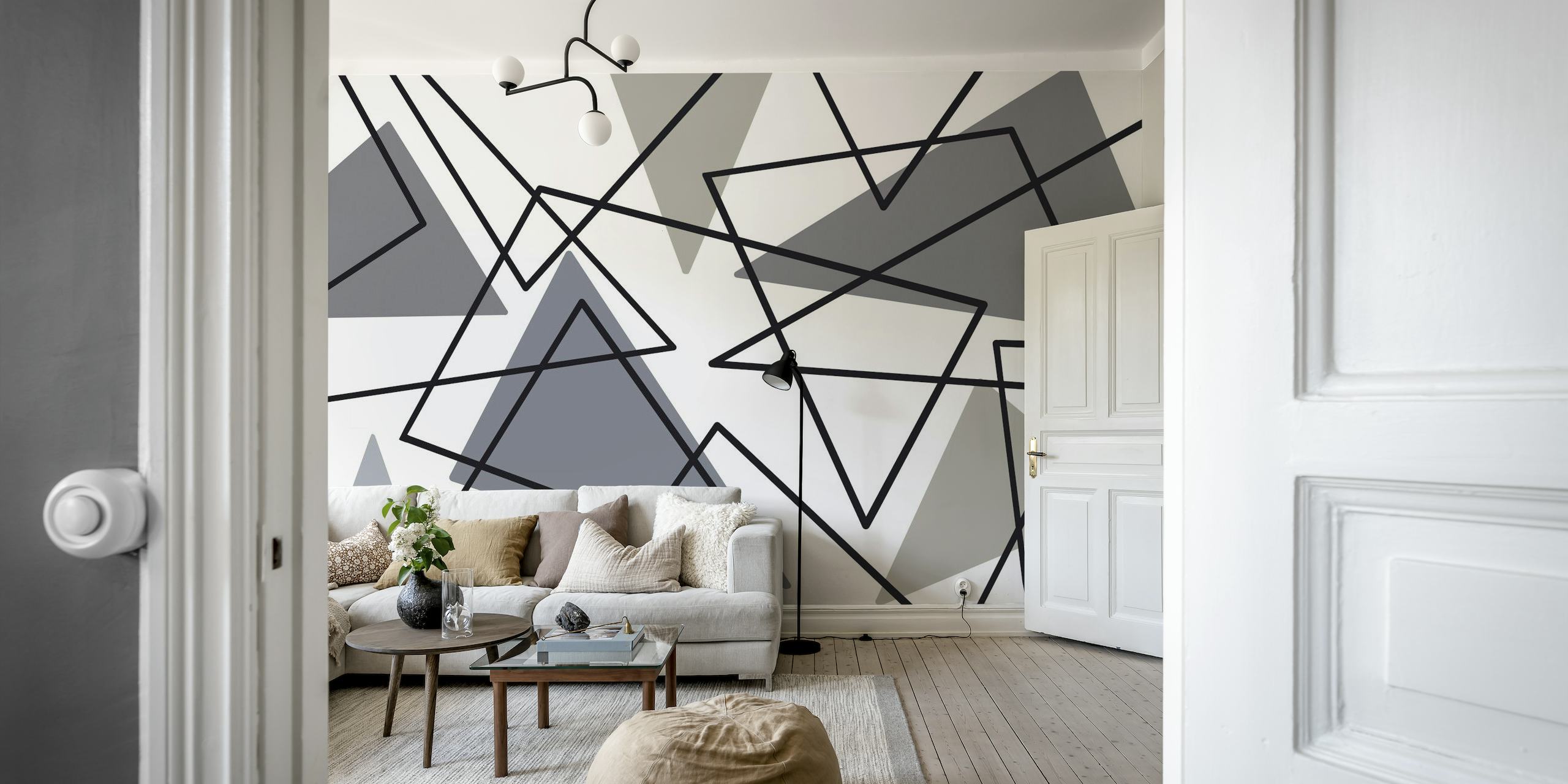 Abstrakt minimalistisk trekantmønster vægmaleri i gråtoner