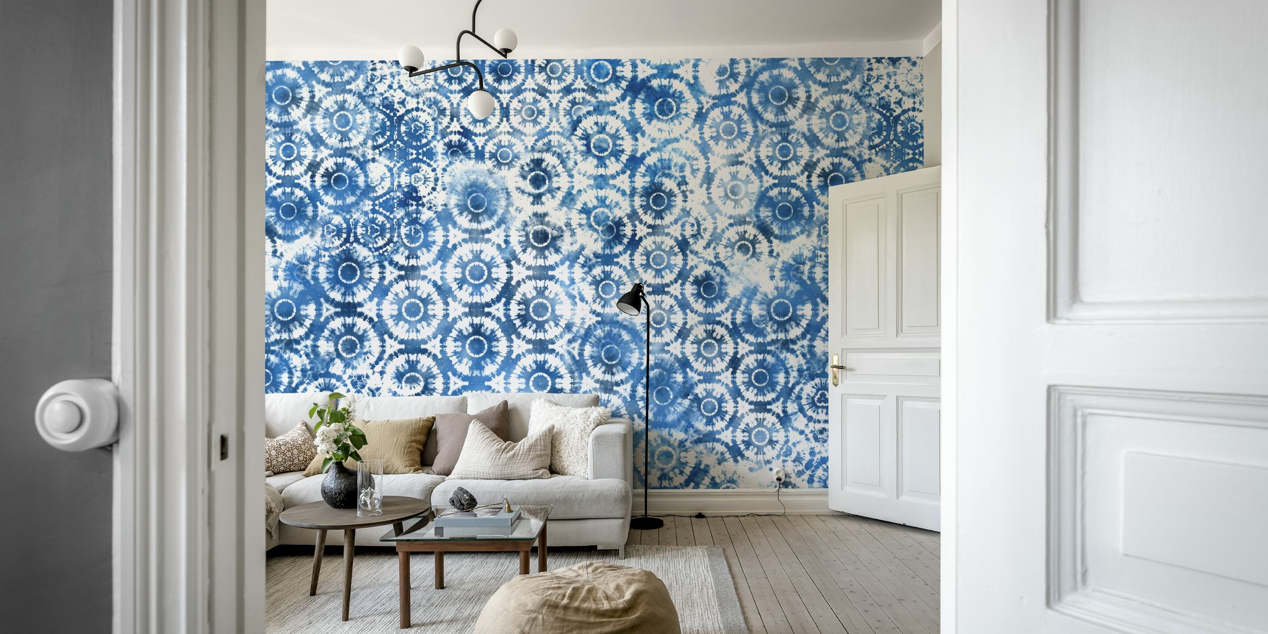 Shibori Tie Dye Blue White wall mural with intricate patterns and indigo hues.