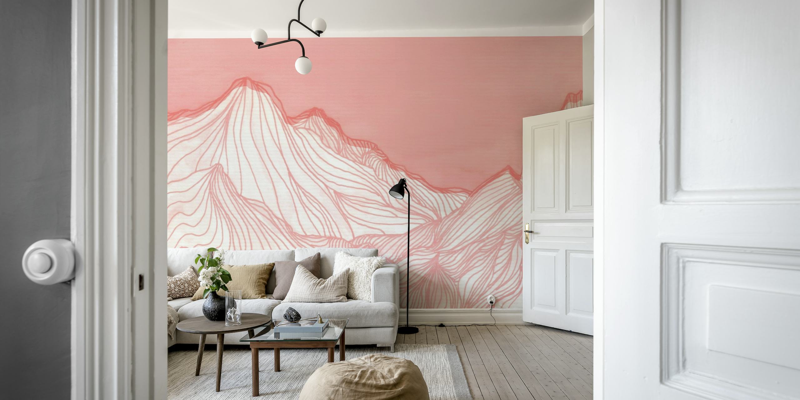 Abstrakt rosa og hvit linjekunst av fjelltopper som danner et rolig veggmaleri