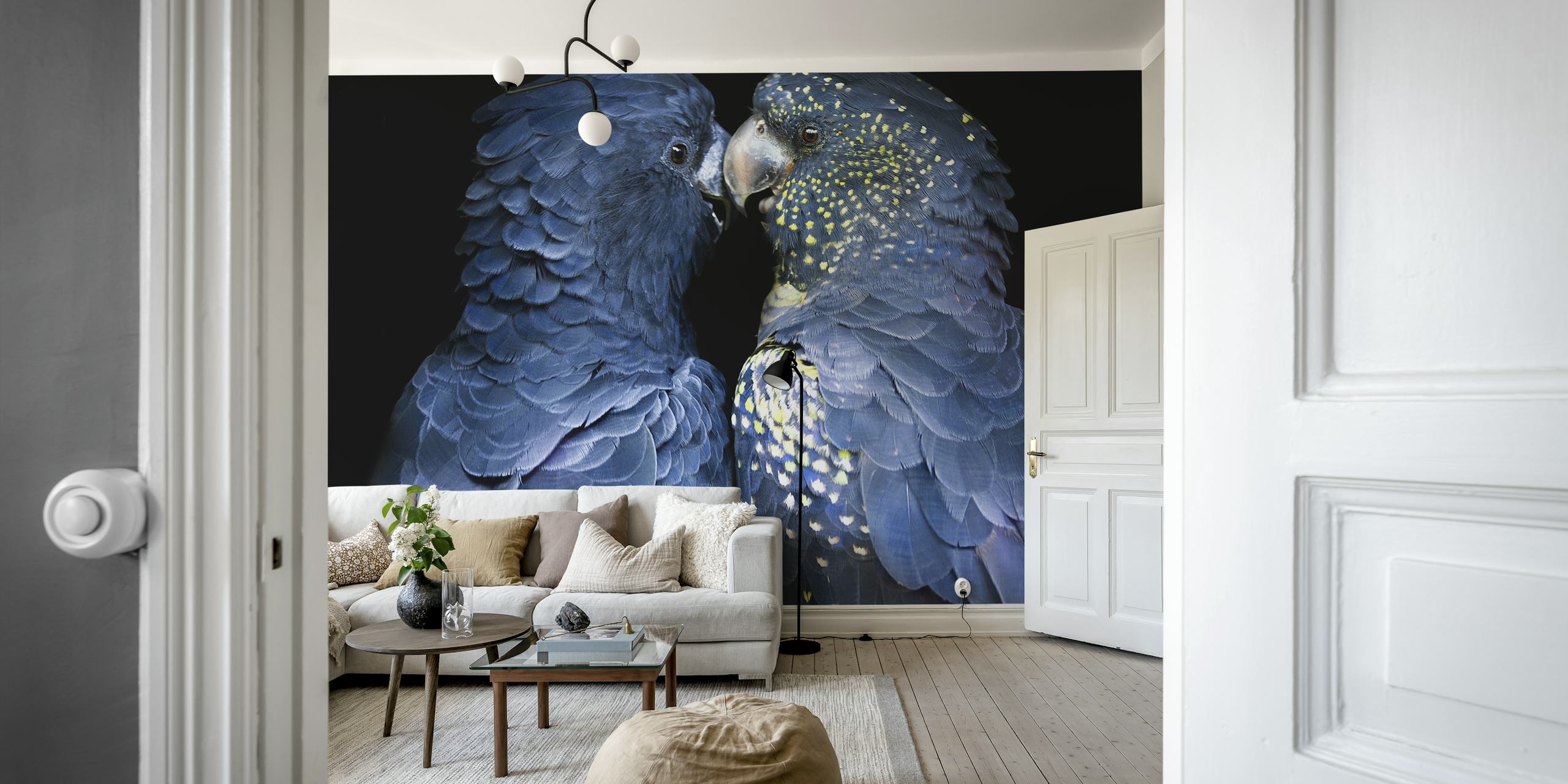 Two navy blue love birds close together with intricate feather detail wallpaper