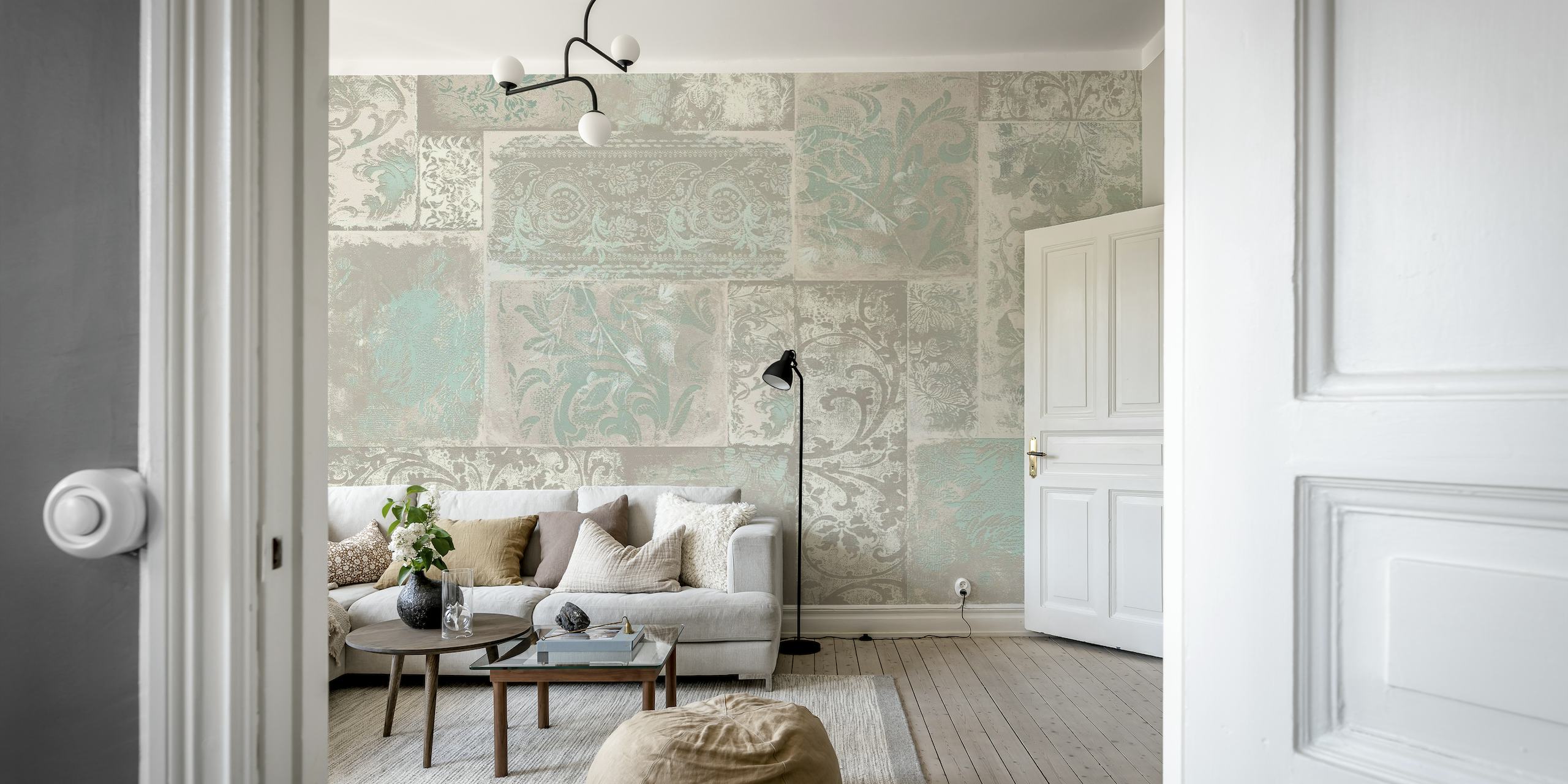 Bohemian Patchwork Beige Mint wall mural with a blend of vintage patterns and cool tones