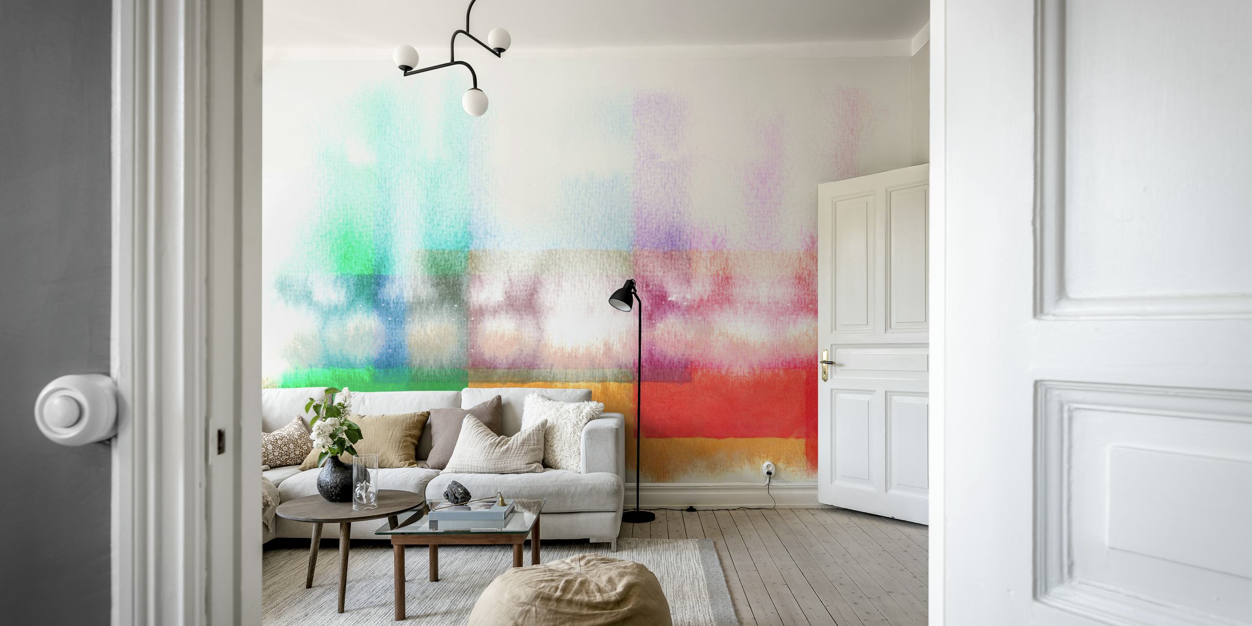 Abstrakt sommerakvarell horisontveggmaleri med en blanding av blå, rosa og jordfarger.