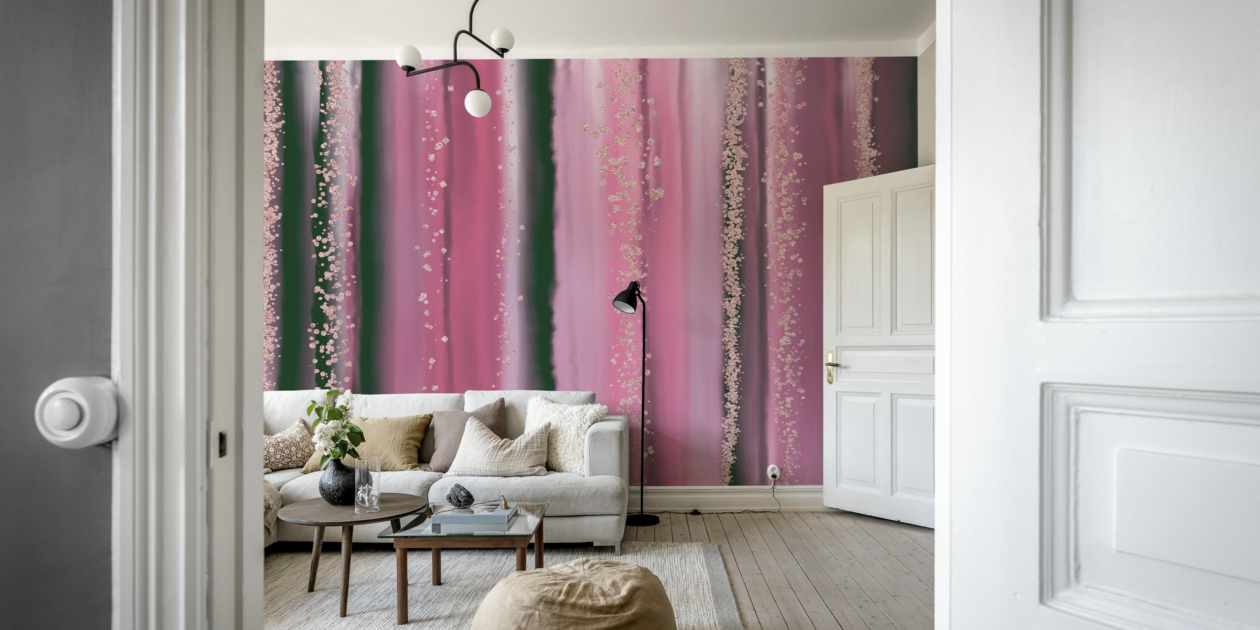 Pink and gold striped wallpaper with a glamourous finish