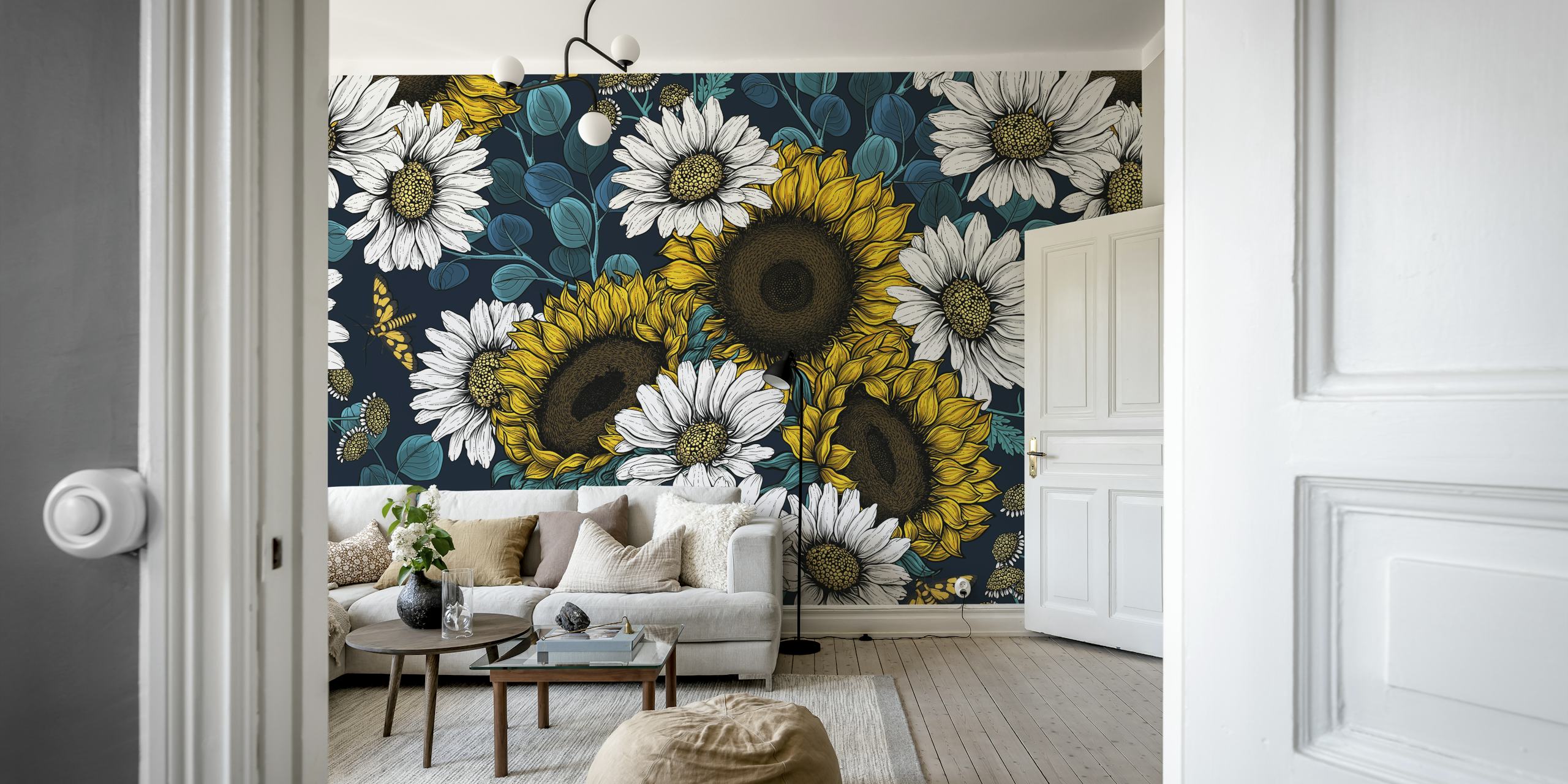 Vibrante murale con girasoli e margherite su uno sfondo blu intenso