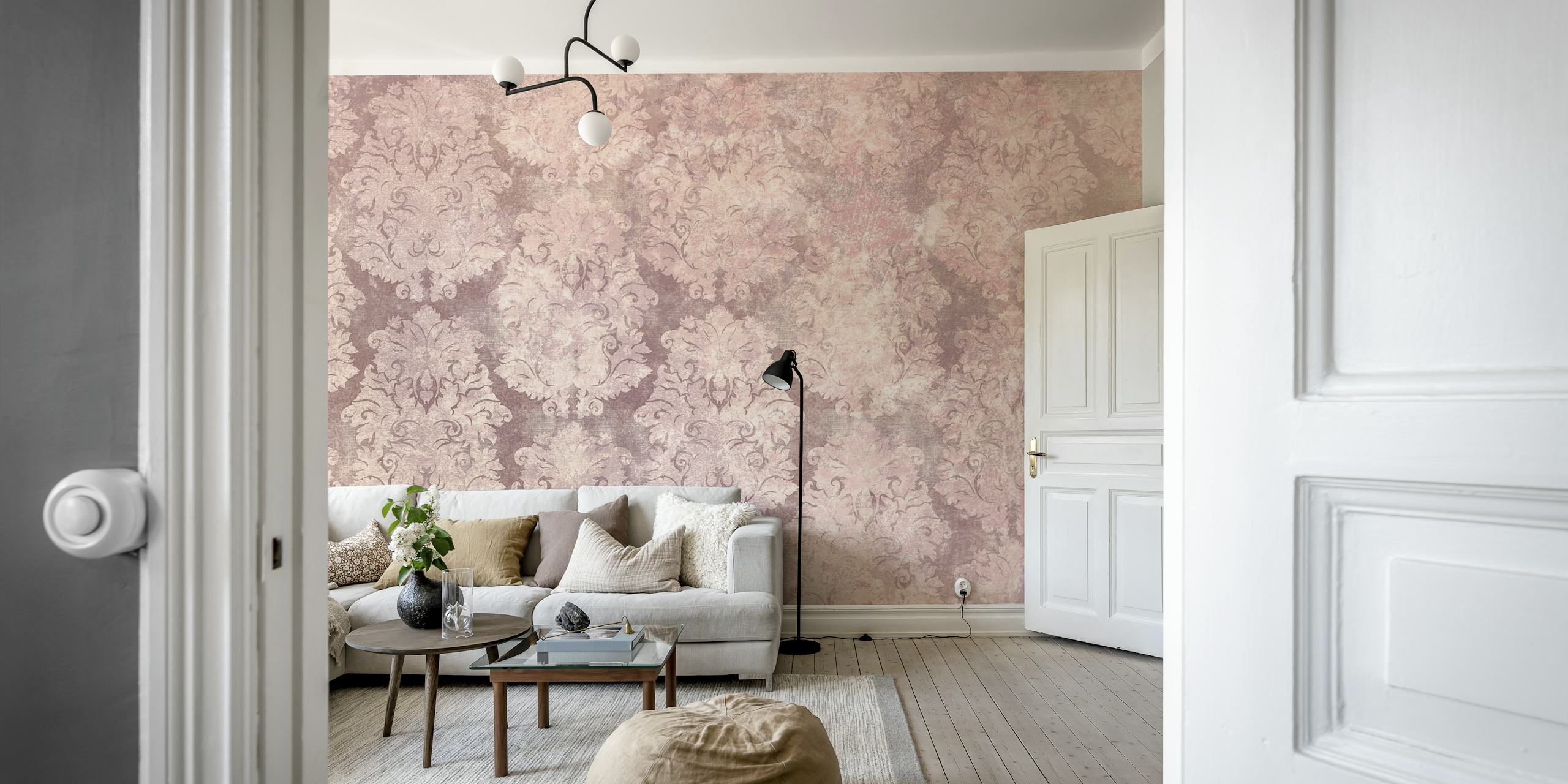 Pink antique damask pattern wallpaper with intricate floral motifs.