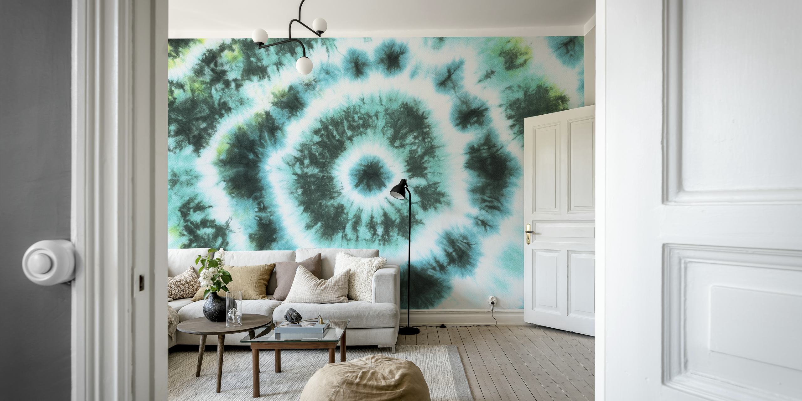 Green tie dye wallpaper design in a room
