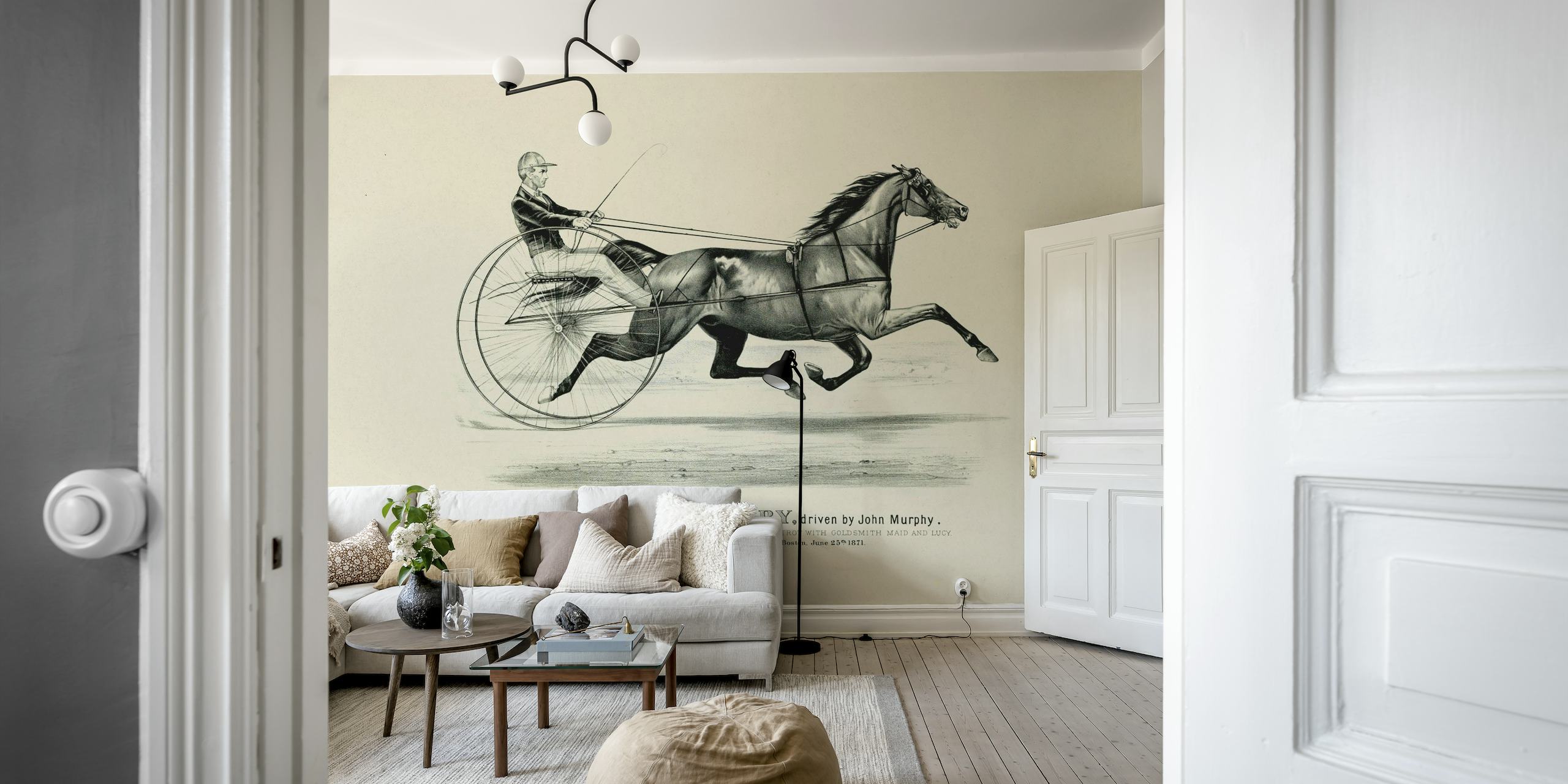 Historische paardrijkunstmuurschildering met een paard en ruiter in klassieke stijl.